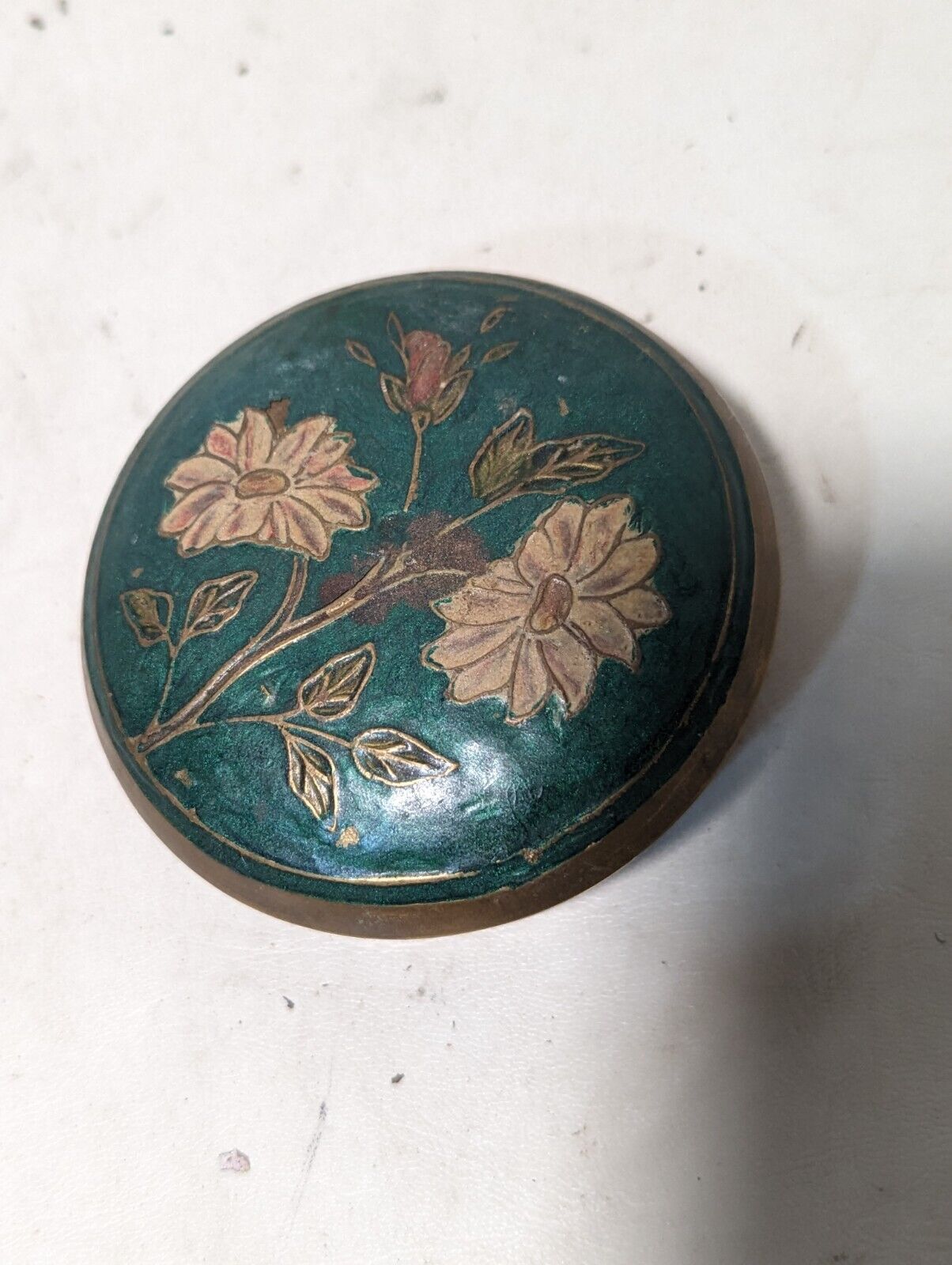 Vintage brass trinket dish with lid painted in a floral design 3" dia x 1" H