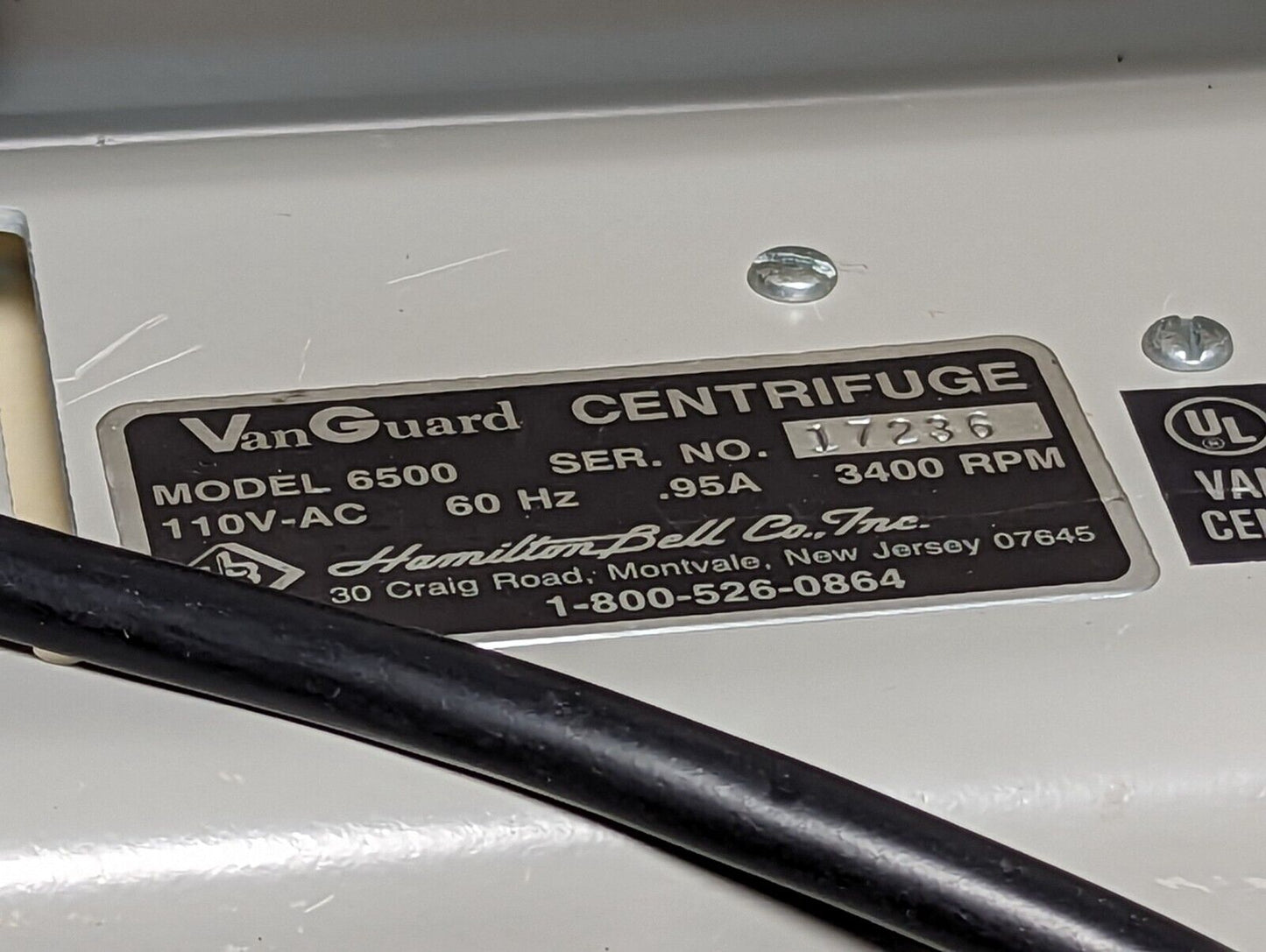VanGuard V6500 centrifuge, 3400RPM, 110VAC, 60Hz, 0.95A, model 6500
