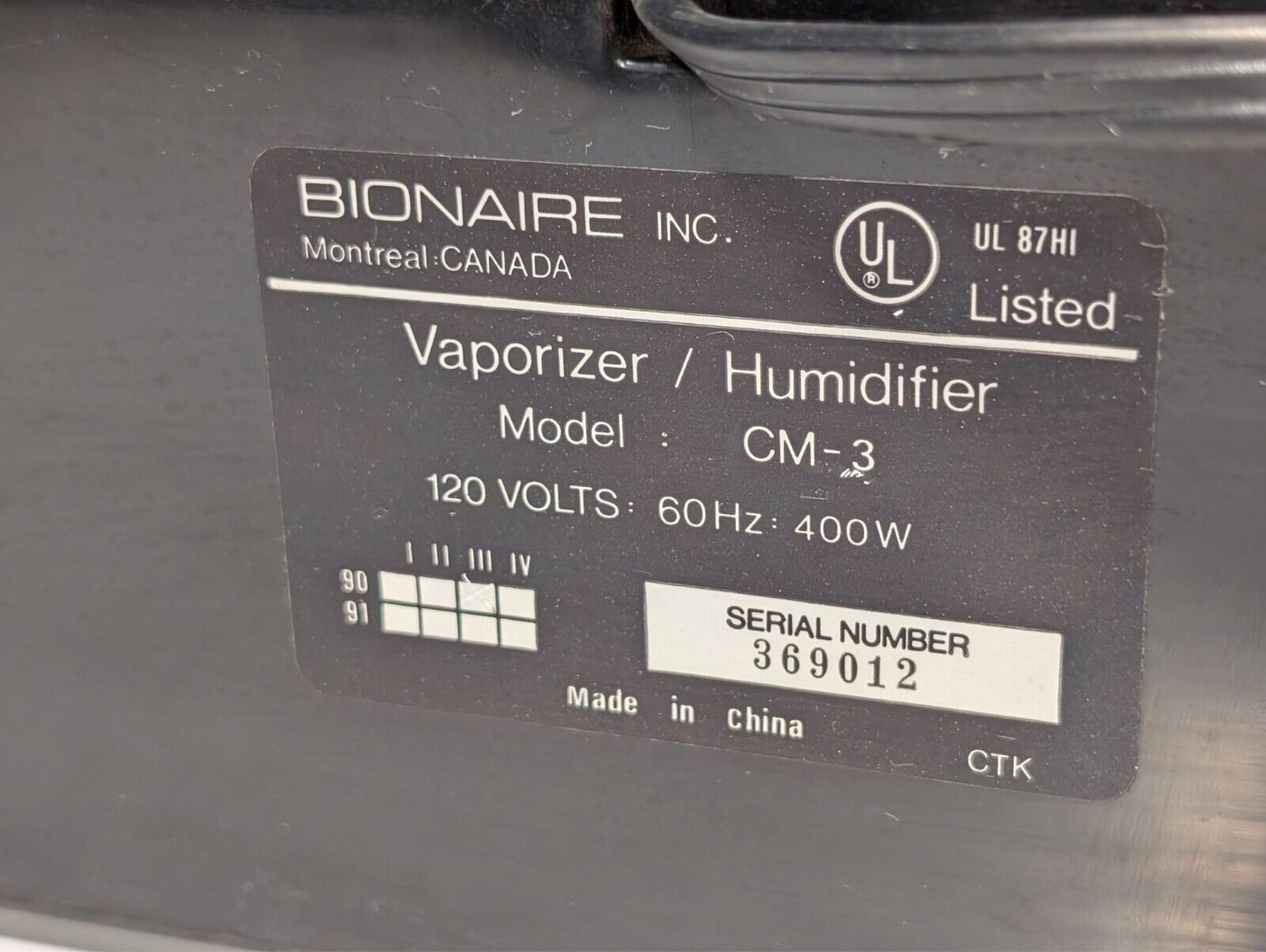 Bionaire Clean Mist CM-3 Vaporizer / Humidifier 1400 sqft 3 Gallon