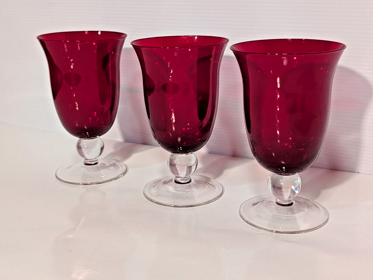 3 Vintage Ruby Red Goblets Fluted Clear Stem Tumblers Holiday Retro Celebration