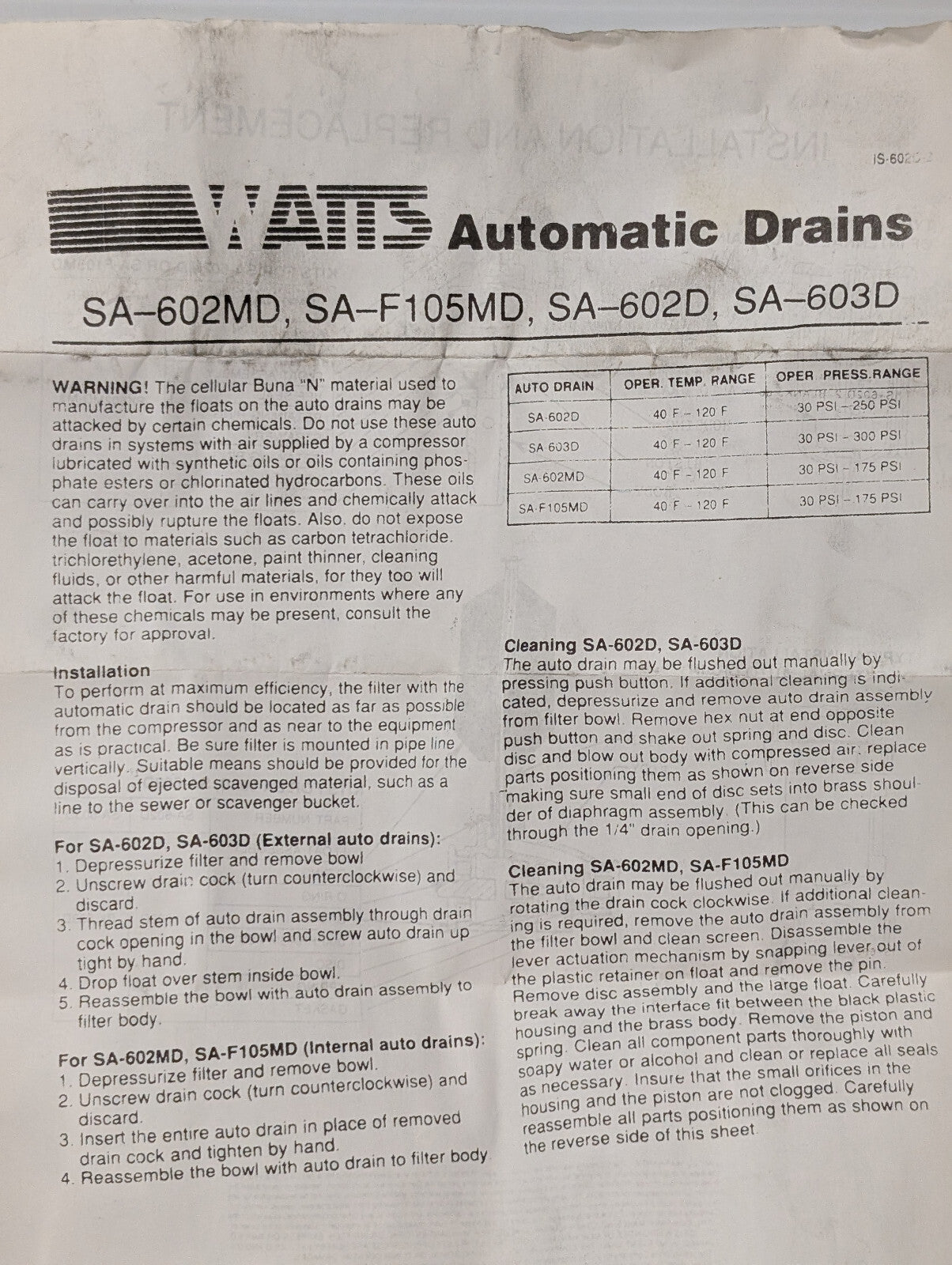 Watts Fluid Air SA-602MD-M4 Automatic Drain Assembly, 0655755