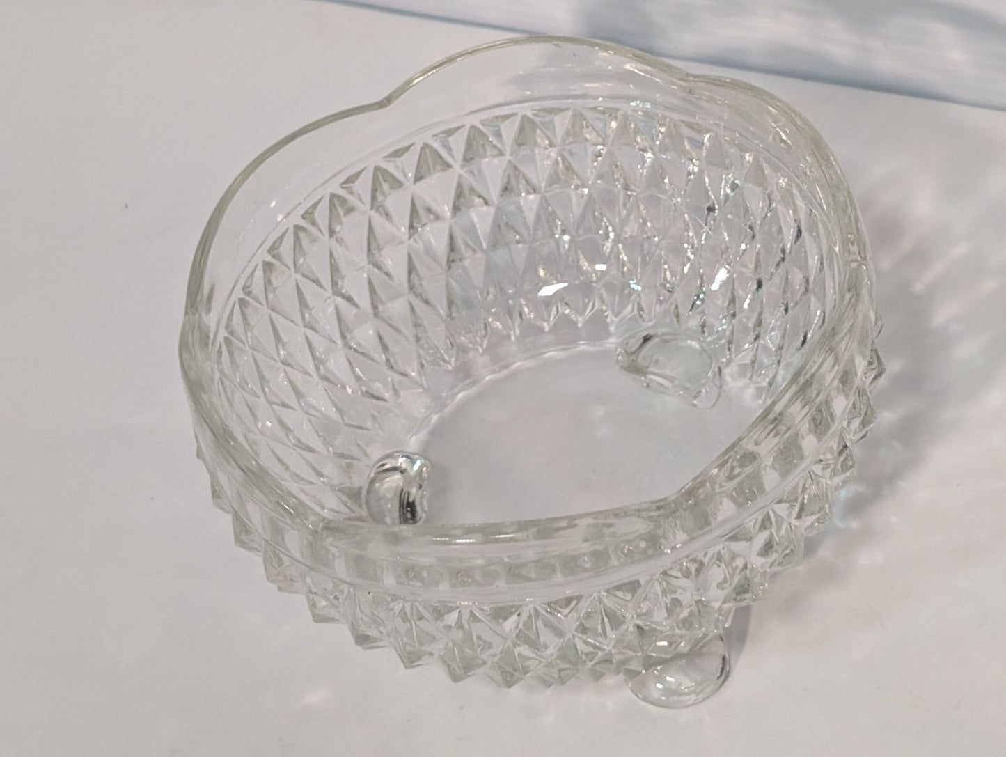 Vintage Indiana Glass Clear Diamond Point 3 Toed Candy Dish 5” x 3”