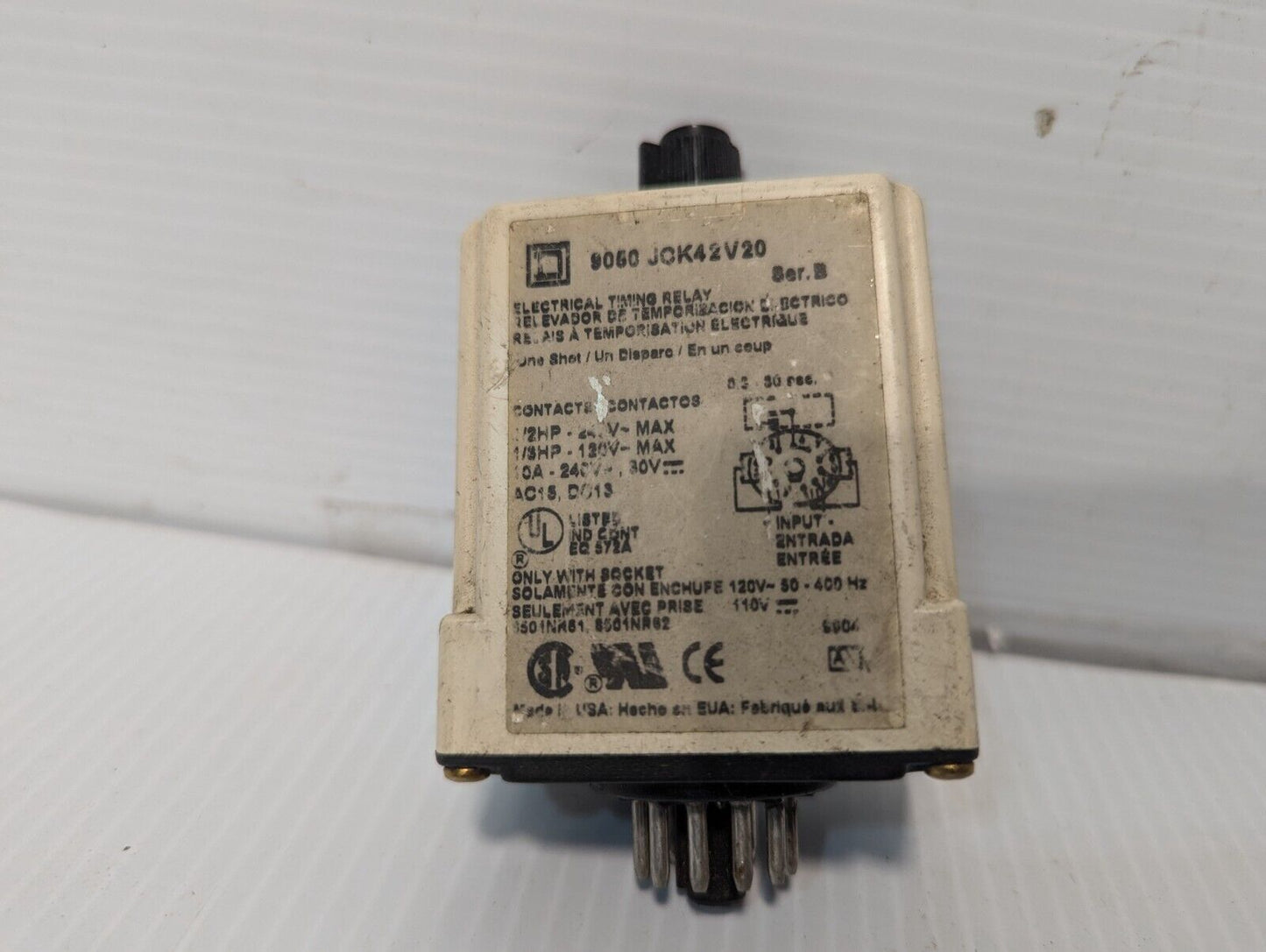 Square D 9050 JCK42V20 electrical timing relay, 1/2HP 240VAC max; 1/3HP 120VDC