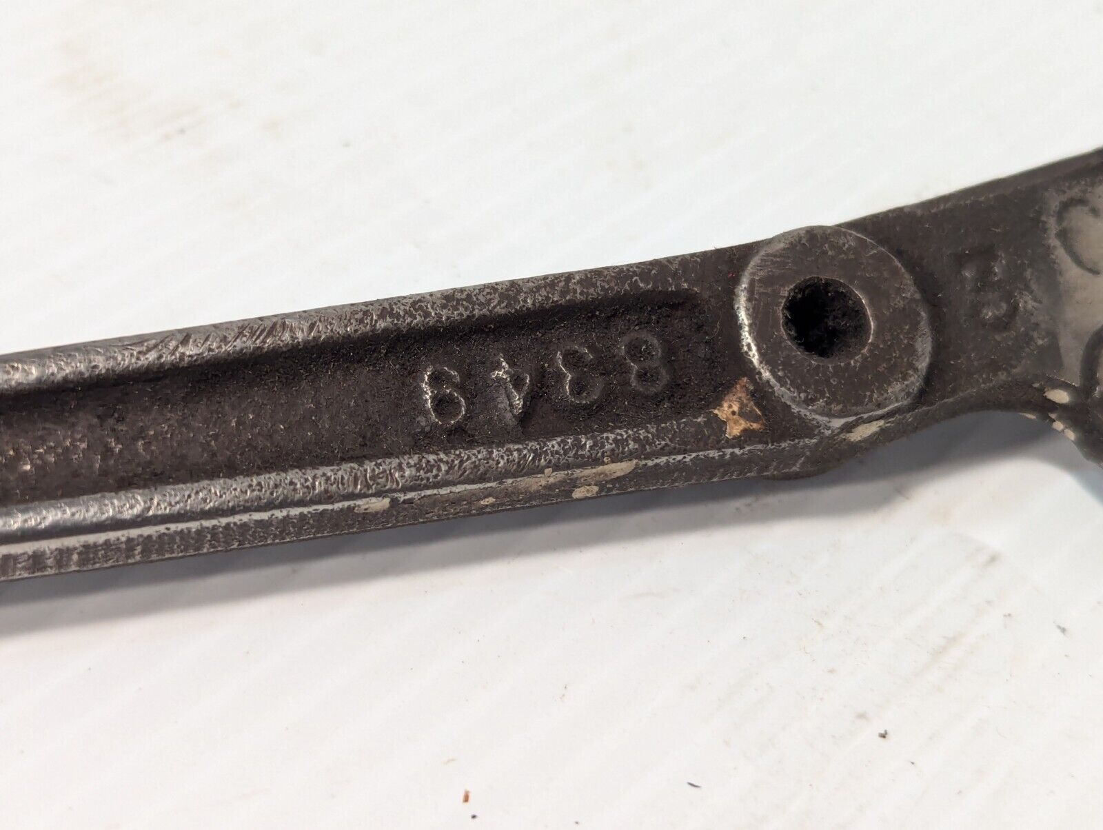 Steampunk 9.75 inch long steel handle with base, marked 8349, hinged