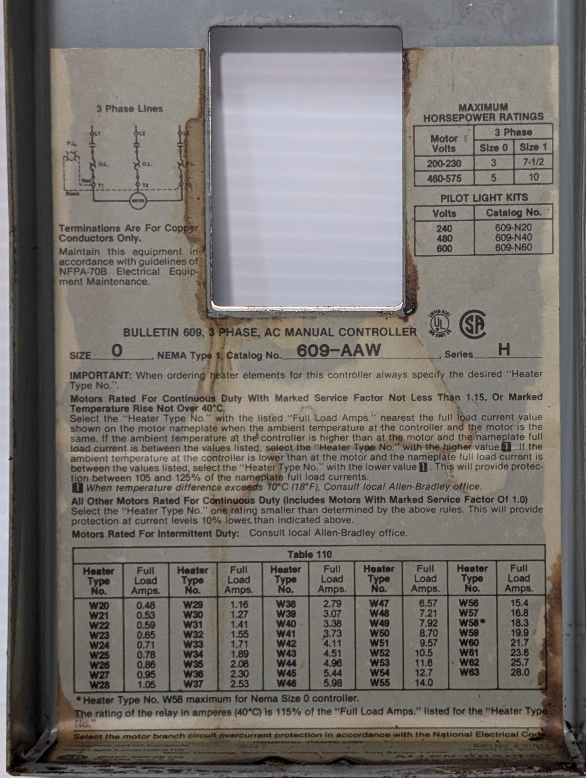 Allen Bradley 609-AAW Manual Starter in Encl. w\ 20A Hubbell Twist-Lock Recptcle