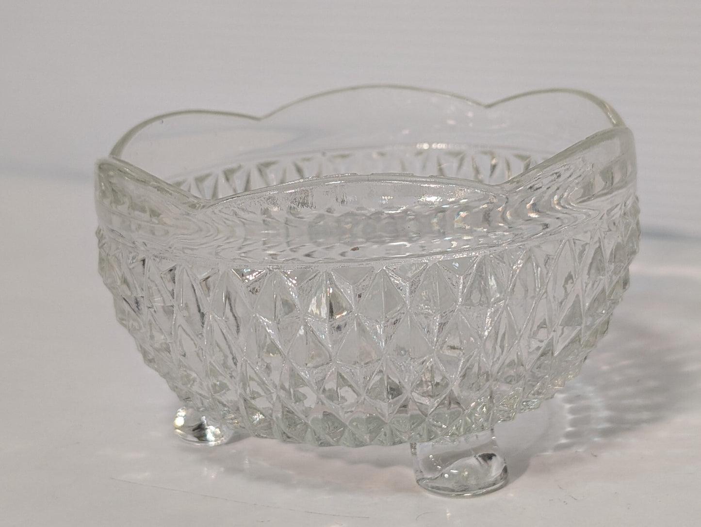 Vintage Indiana Glass Clear Diamond Point 3 Toed Candy Dish 5” x 3”