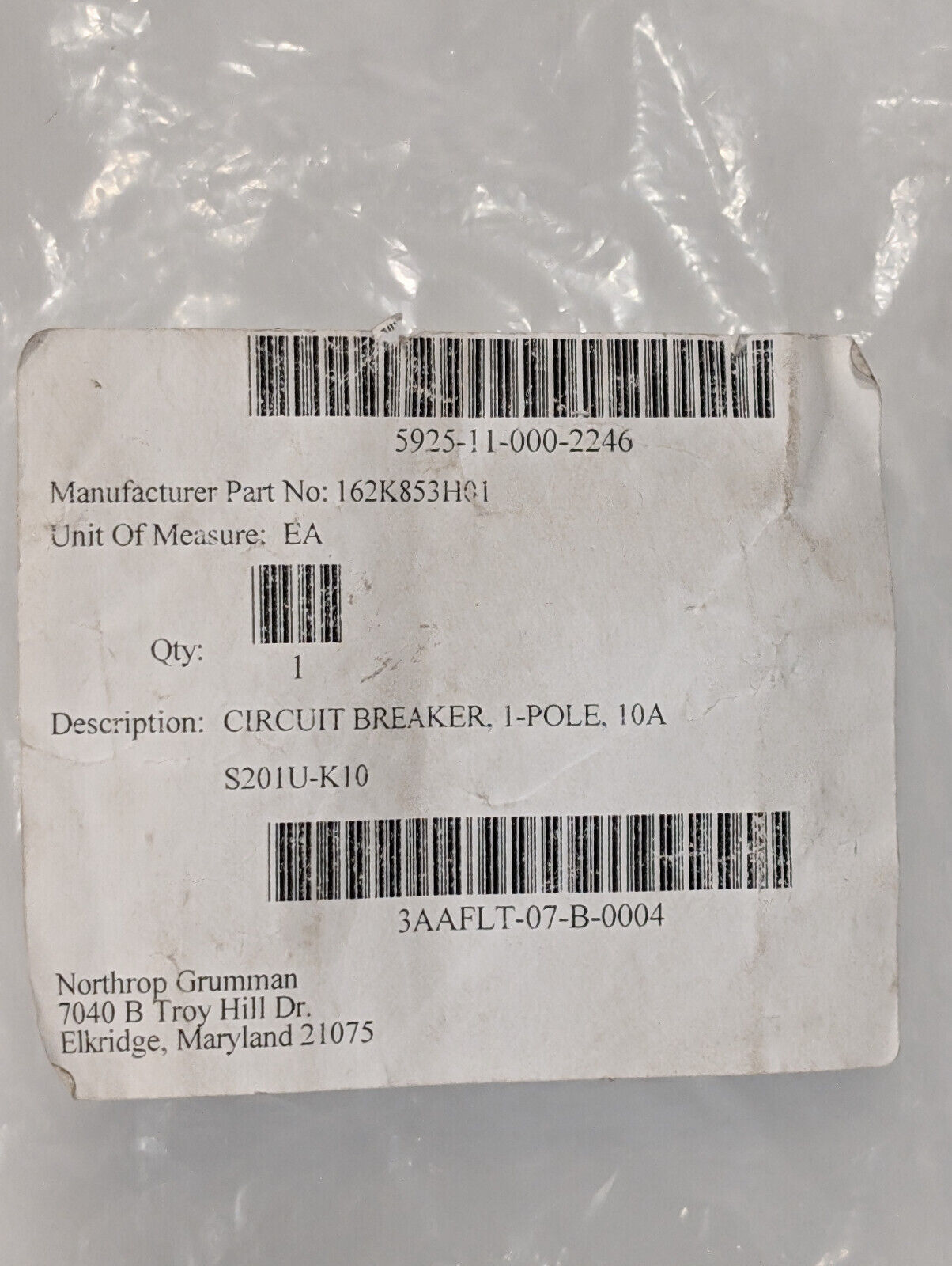 ABB S20-1U-K10, 1 Pole Circuit Breaker, 10 A, 162K853HG1, E212323, UL489 Listed