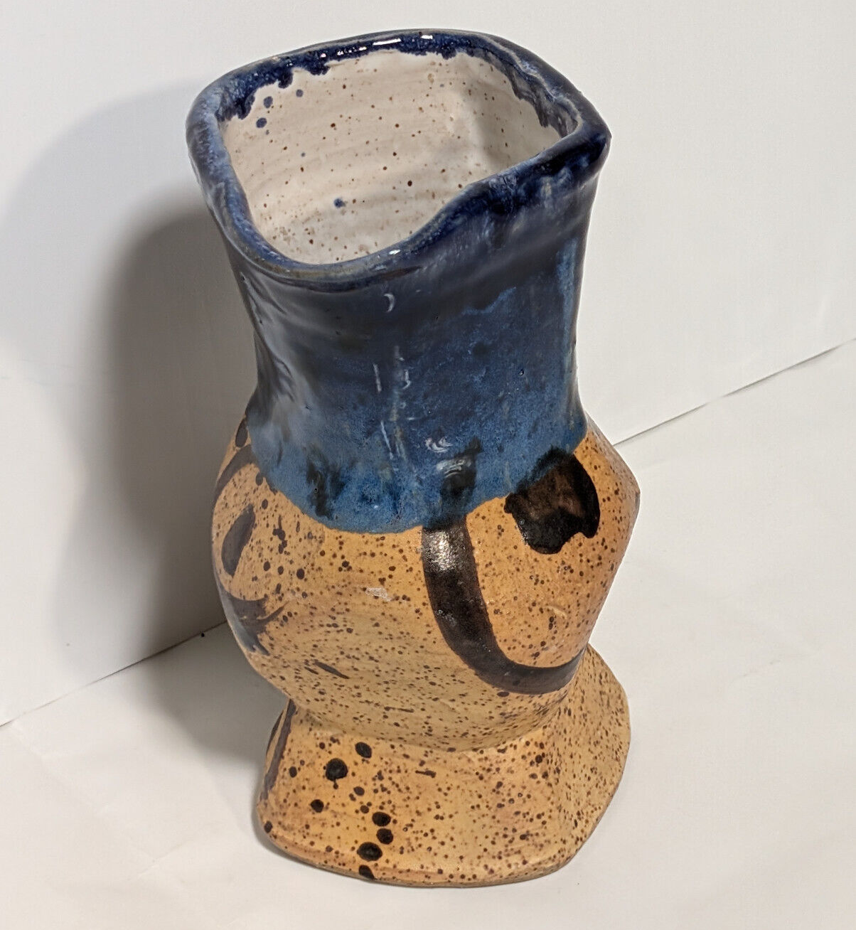 Vintage Blue Brown Glaze Artisan, Folk Art, Handmade, Pottery Mug, Vase, Planter
