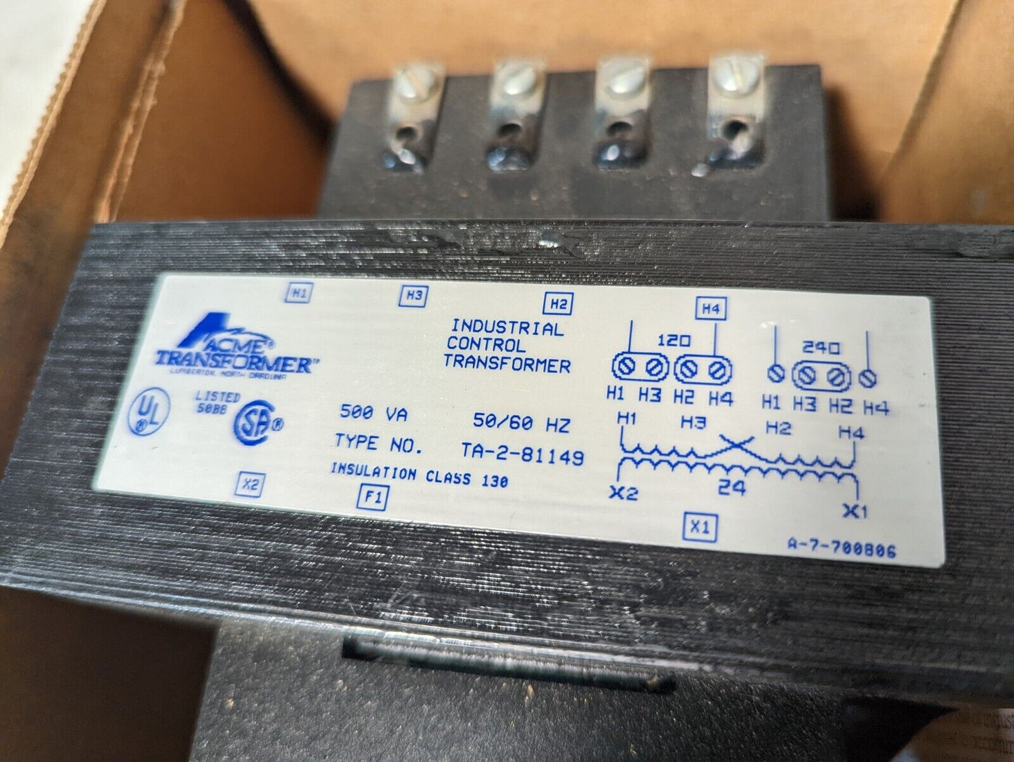 Acme TA2-81149 transformer, 0.5kVA, Primary 120x240, Secondary 24, 50/60Hz, 1 ph