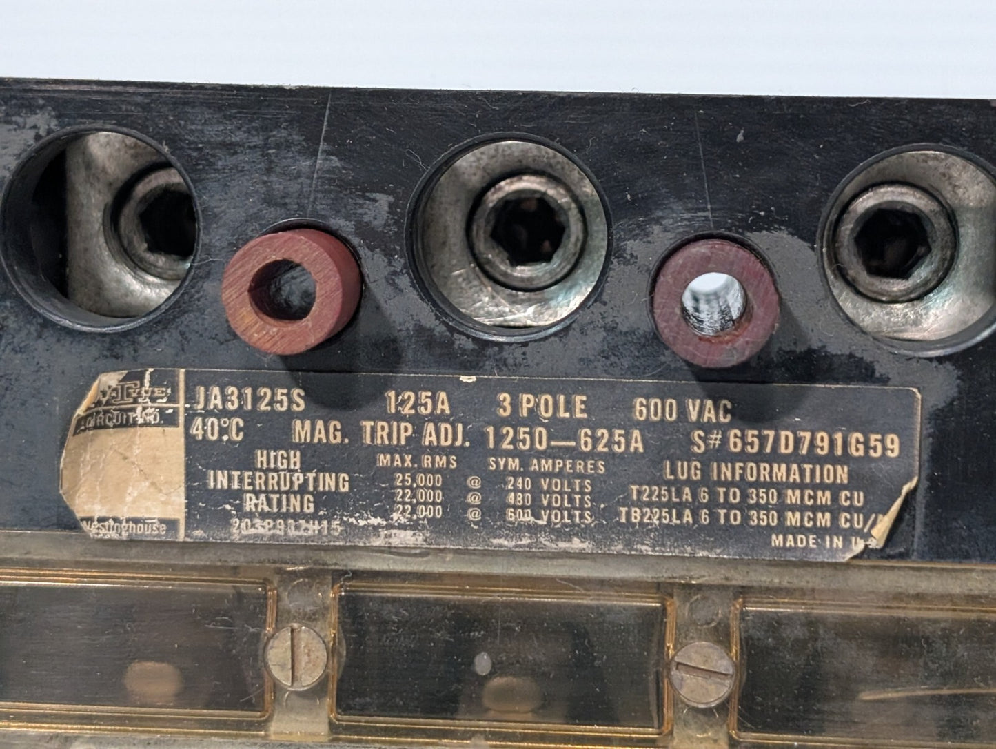 Westinghouse JA3125S Molded Case Circuit Breaker, 125A, 600vac, 3 Pole