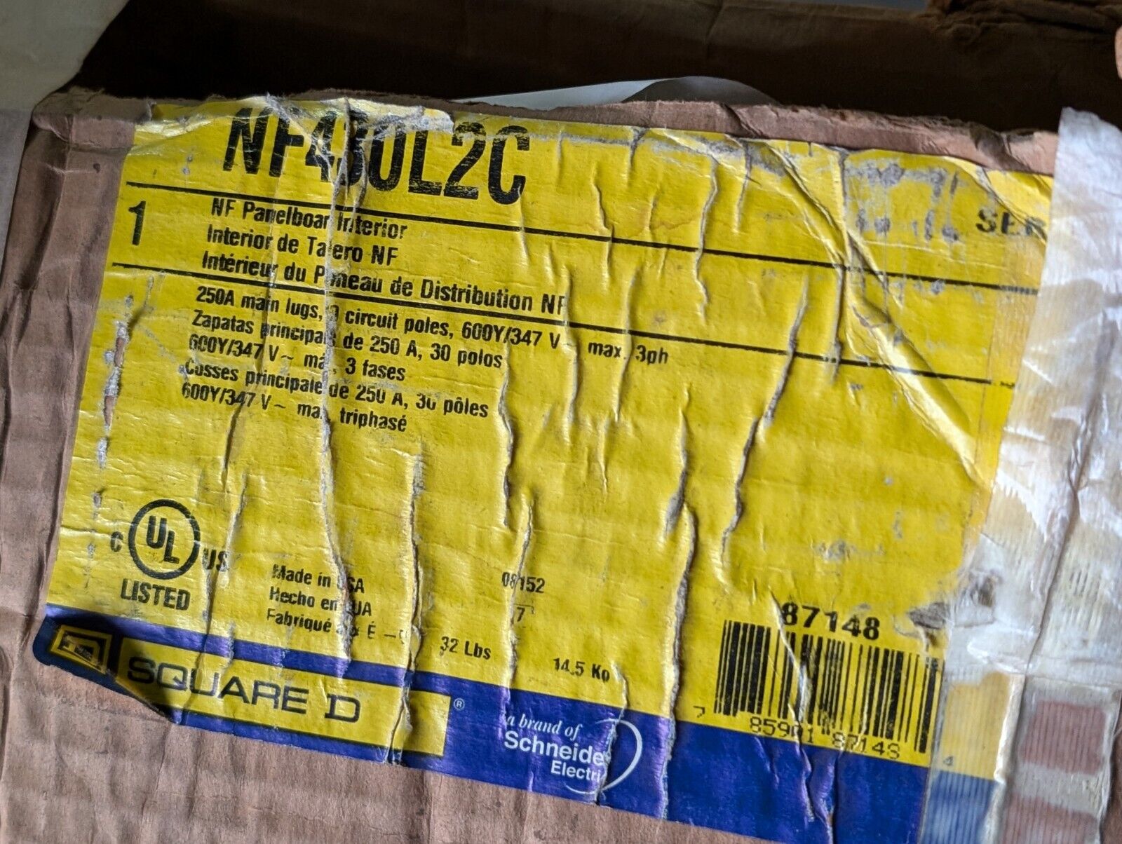Square D NF430L2C Panelboard, 250A, 347VAC in original box (damaged) as shown