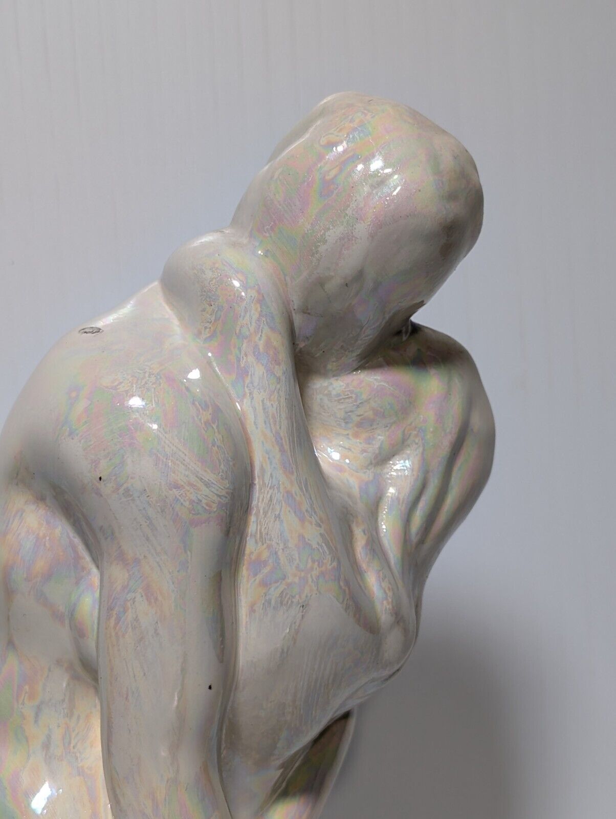 Vintage Lovers Naked Man Woman Embracing Erotic Pearlescent Ceramic Statue