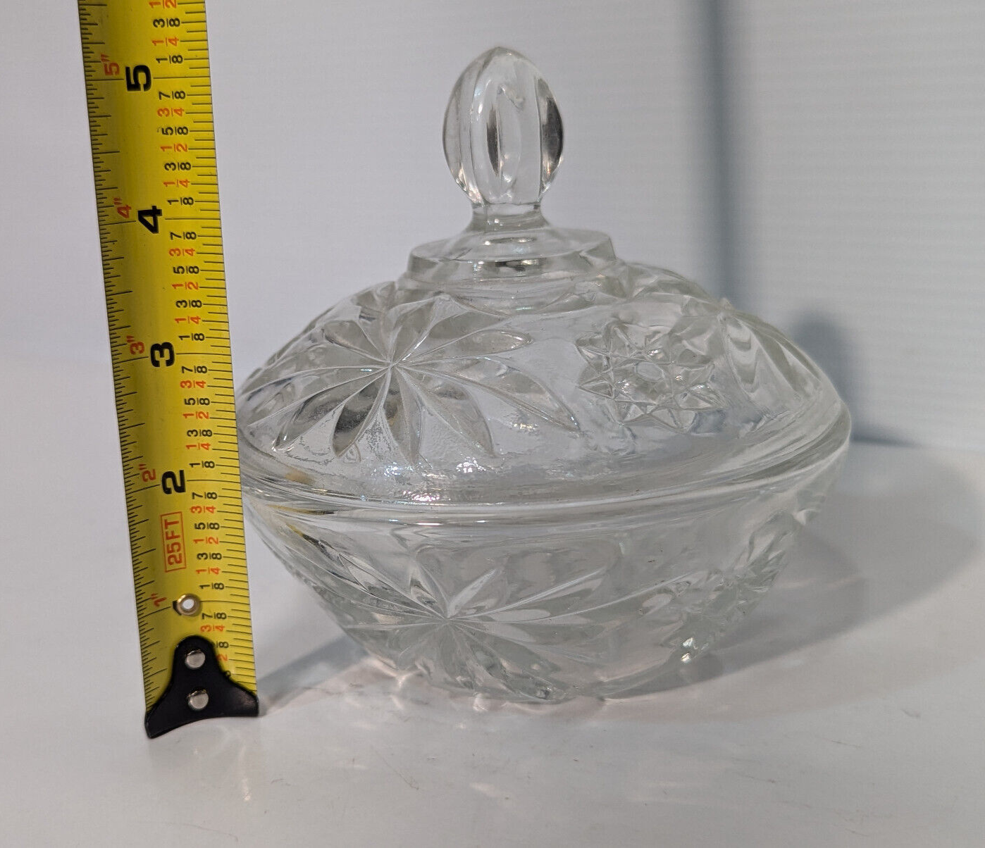 Vintage Antique Crystal Clear Glass Candy Dish, Snack Jar, Lid, Starburst Design