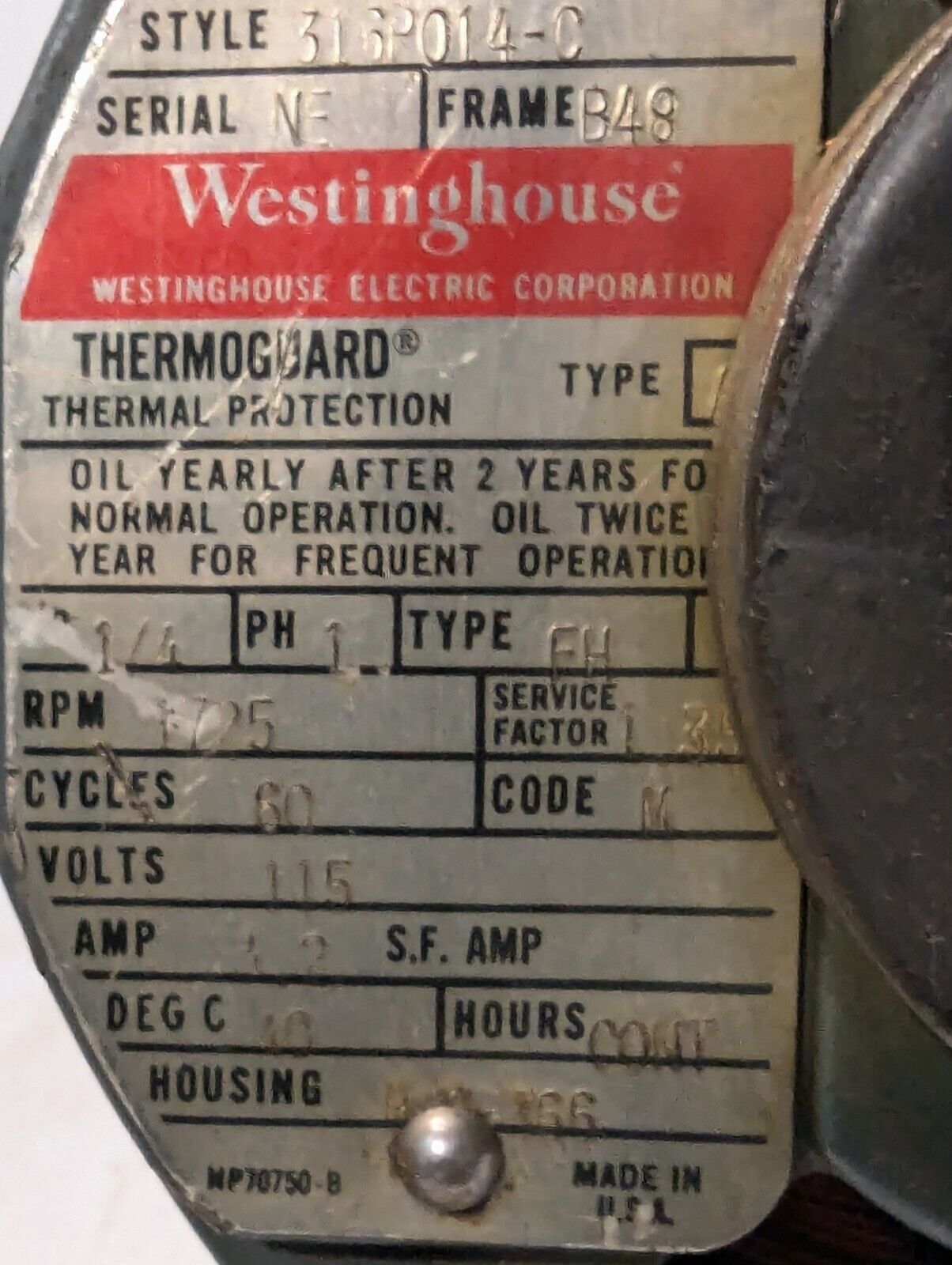 Westinghouse 316P014-C Motor 0.25HP 115V 1725RPM - Free Shipping