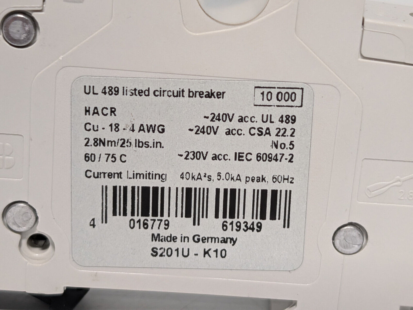 ABB S20-1U-K10, 1 Pole Circuit Breaker, 10 A, 162K853HG1, E212323, UL489 Listed