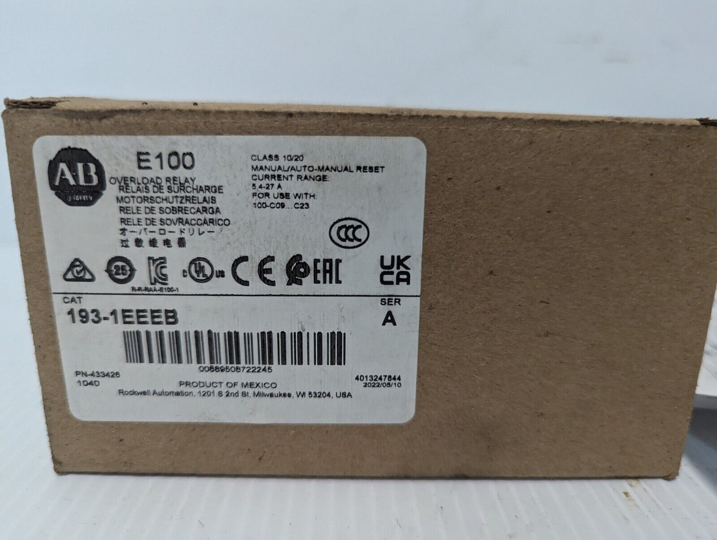 Allen-Bradley E100, 193-1EEEB overload relay, class 10/20, manual/auto-manual