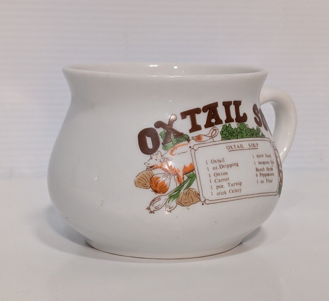 Vintage 1970s Oxtail Soup Bowl Recipe Ingredients Handled Ceramic Stonewear Mug