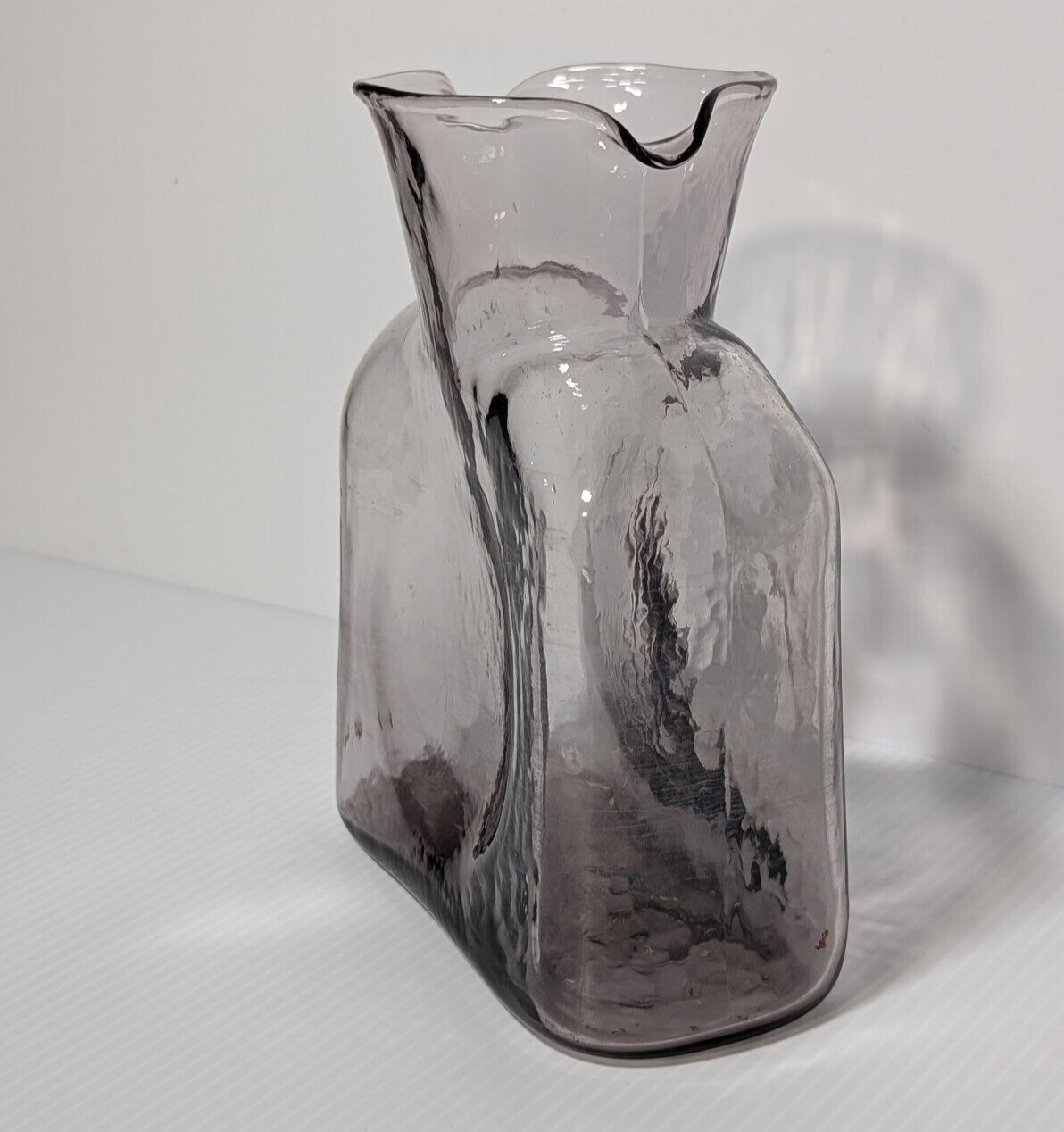 Vintage Blenko Art Glass Carafe, Vase, Grey Smoke, MCM, Textured, Organic Design