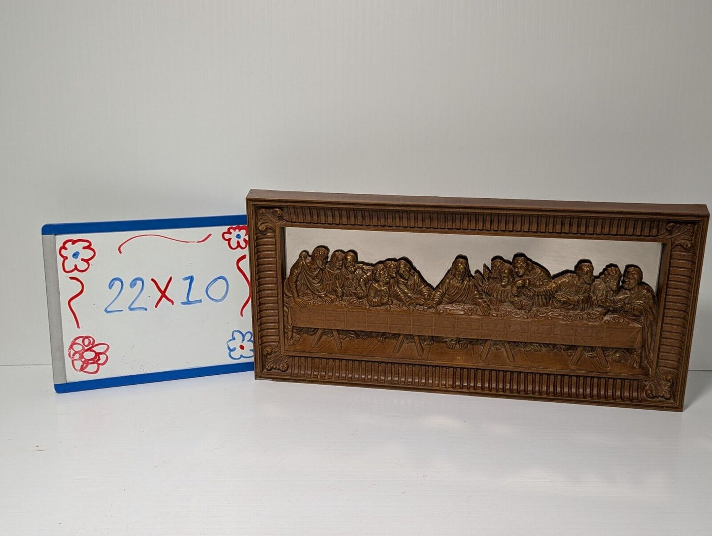 Vintage The Last Supper Mirrored Wood Carving Wall Piece 22" x 10"