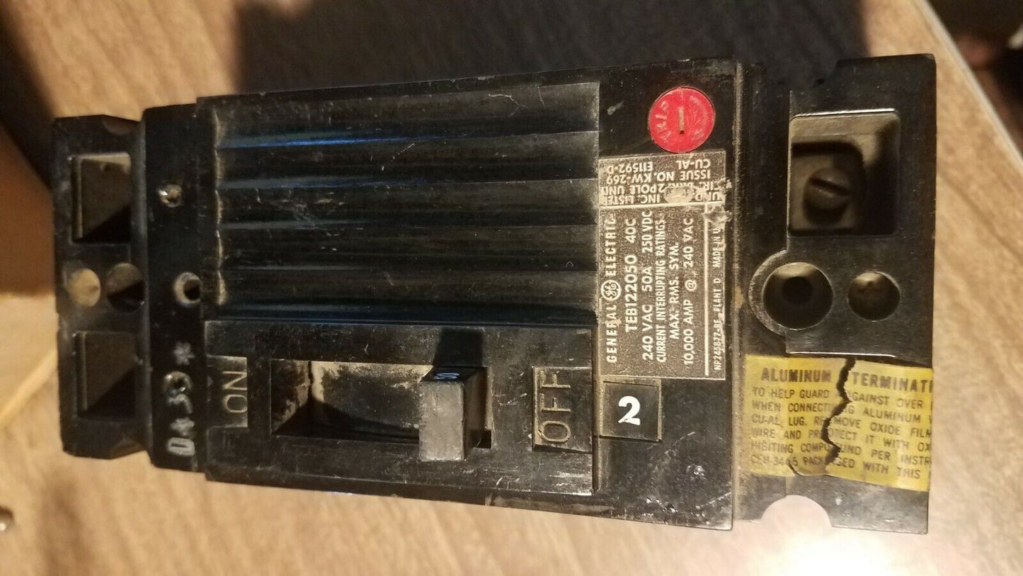 General Electric TEB122050 circuit breaker, 50 amps, 240 VAC, 250 VDC, used