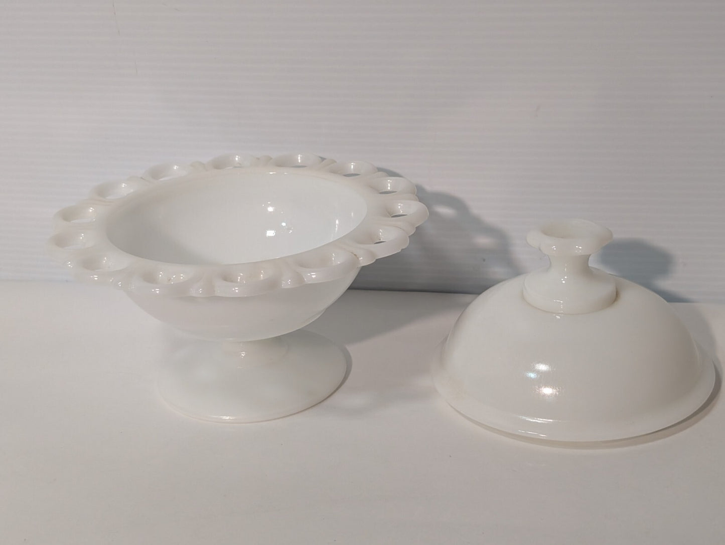 Vintage White Milk Glass Compote Lace Edged Pedestal Candy Dish with Lid, ID: 5"