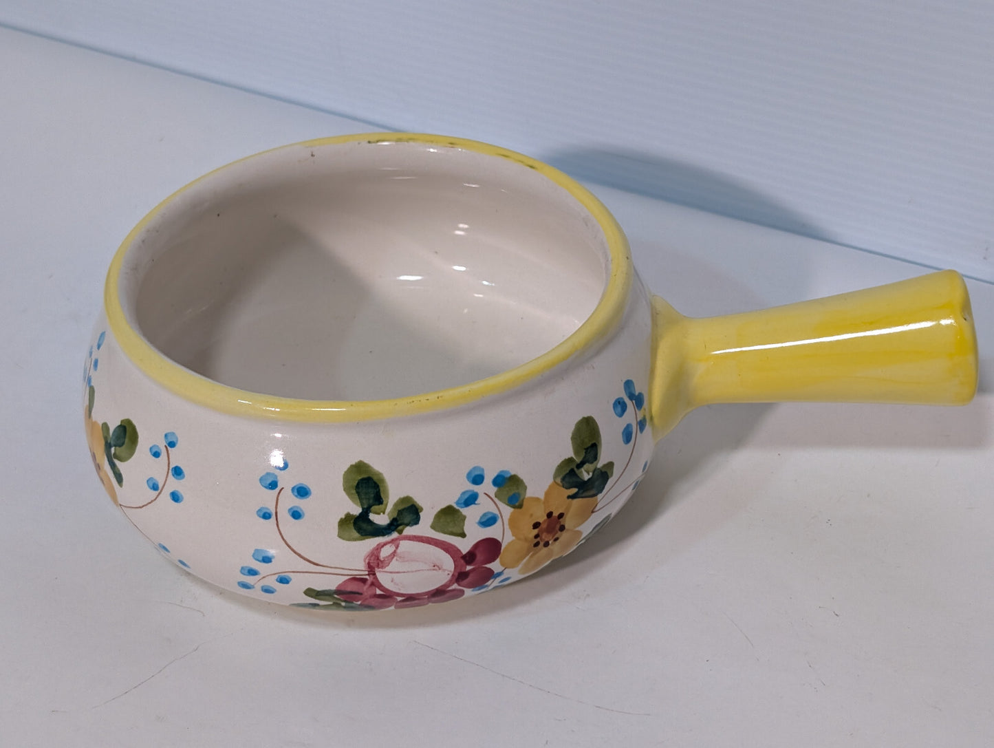 Vintage Hand Painted Soup Crock Pot Ceramic Dish Flowers Yellow Blue Green Berry