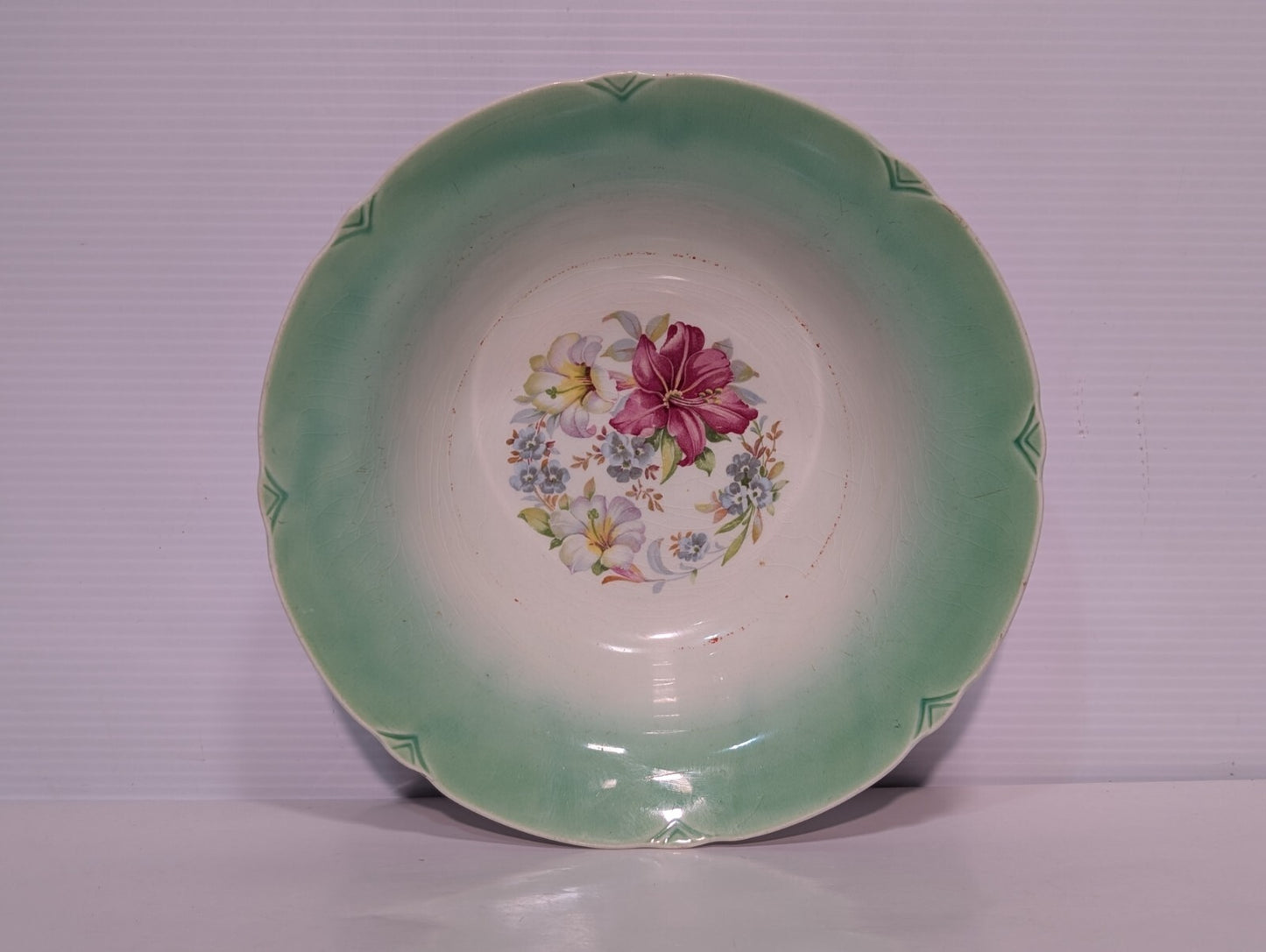 Vintage Porcelain Green + White with Floral Bouquet Serving Bowl 9 1/2" Diameter