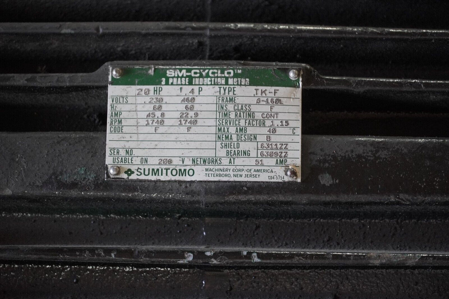 Sumitomo SM-Cyclo 3-phase 20HP induction motor, 230/460VAC, 1740RPM