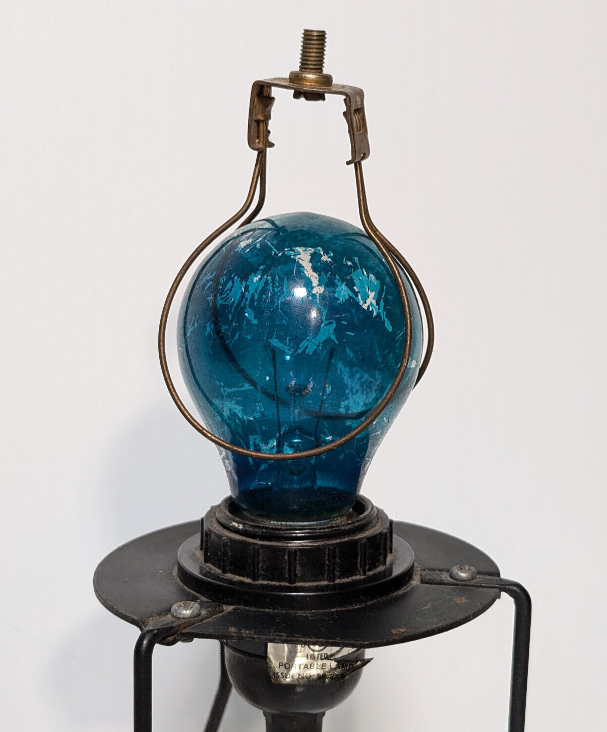 Vintage 1980s blue bulb, black metal, stilt lamp, minimalist, post-modern, pop