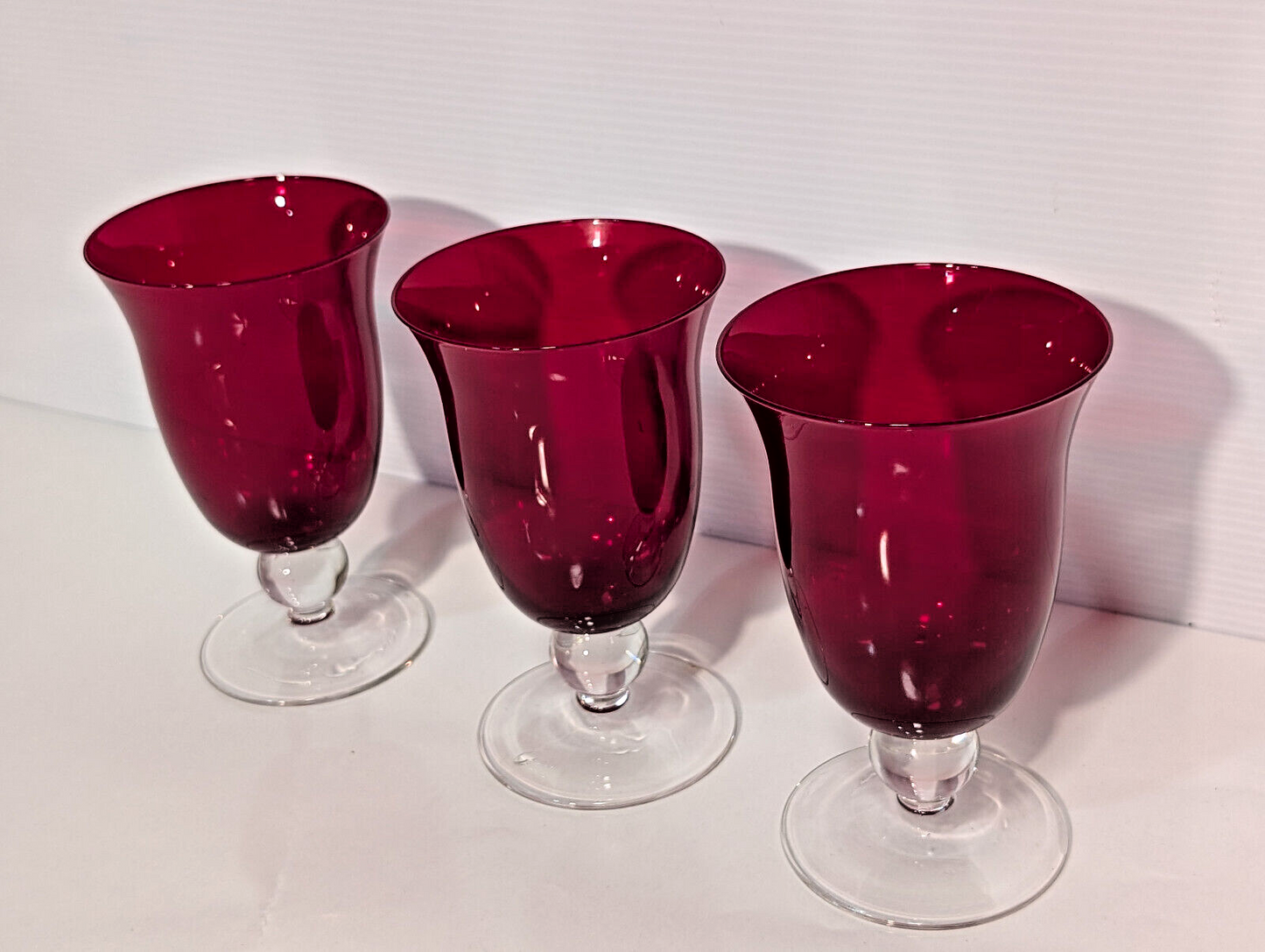 3 Vintage Ruby Red Goblets Fluted Clear Stem Tumblers Holiday Retro Celebration