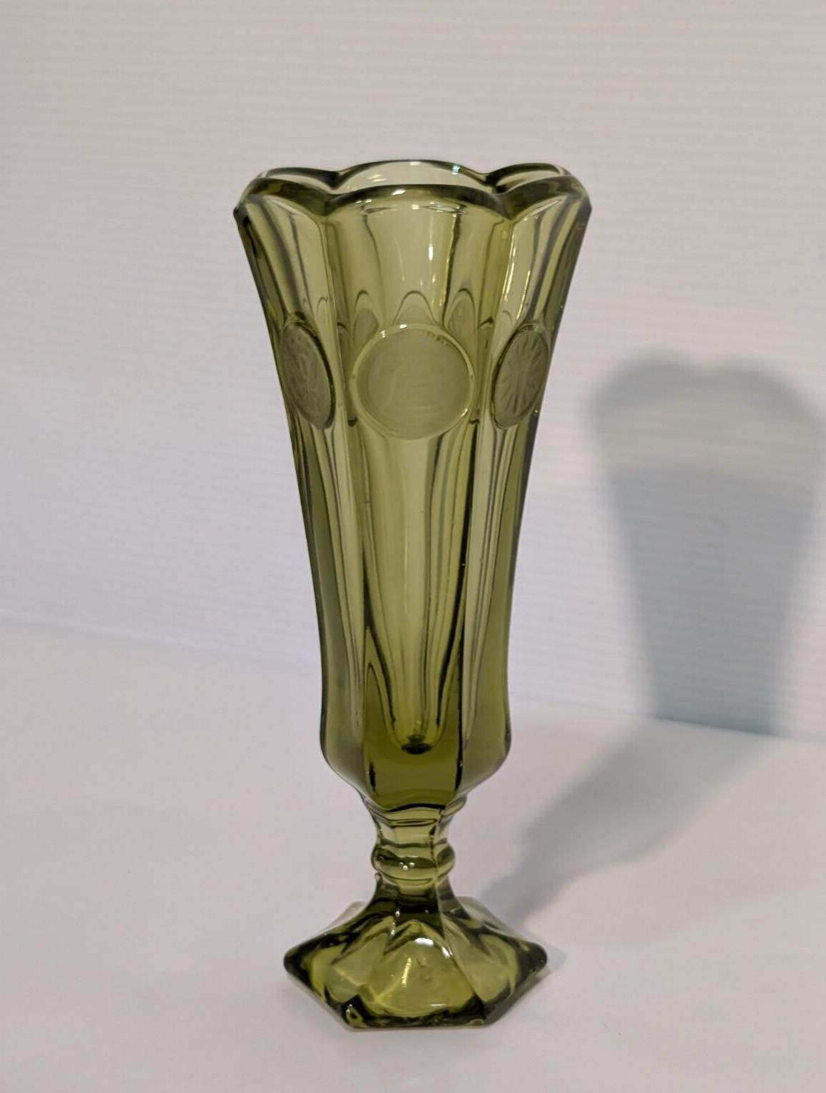 Vintage Fostoria 6-Sided Olive Green Glass American Liberty Coin Bud Vase 8"