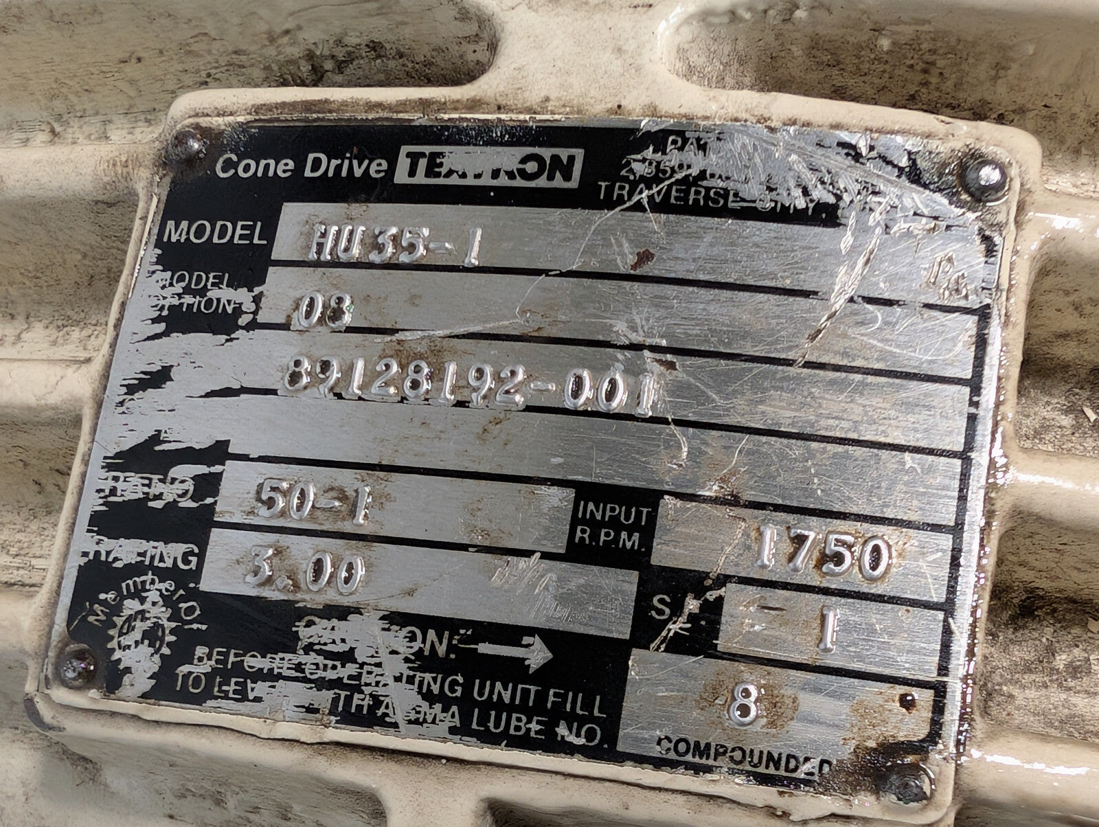 Textron HU35-1 Cone Drive, Model Option 8, 50:1 Ratio, 1750RPM, Made in USA