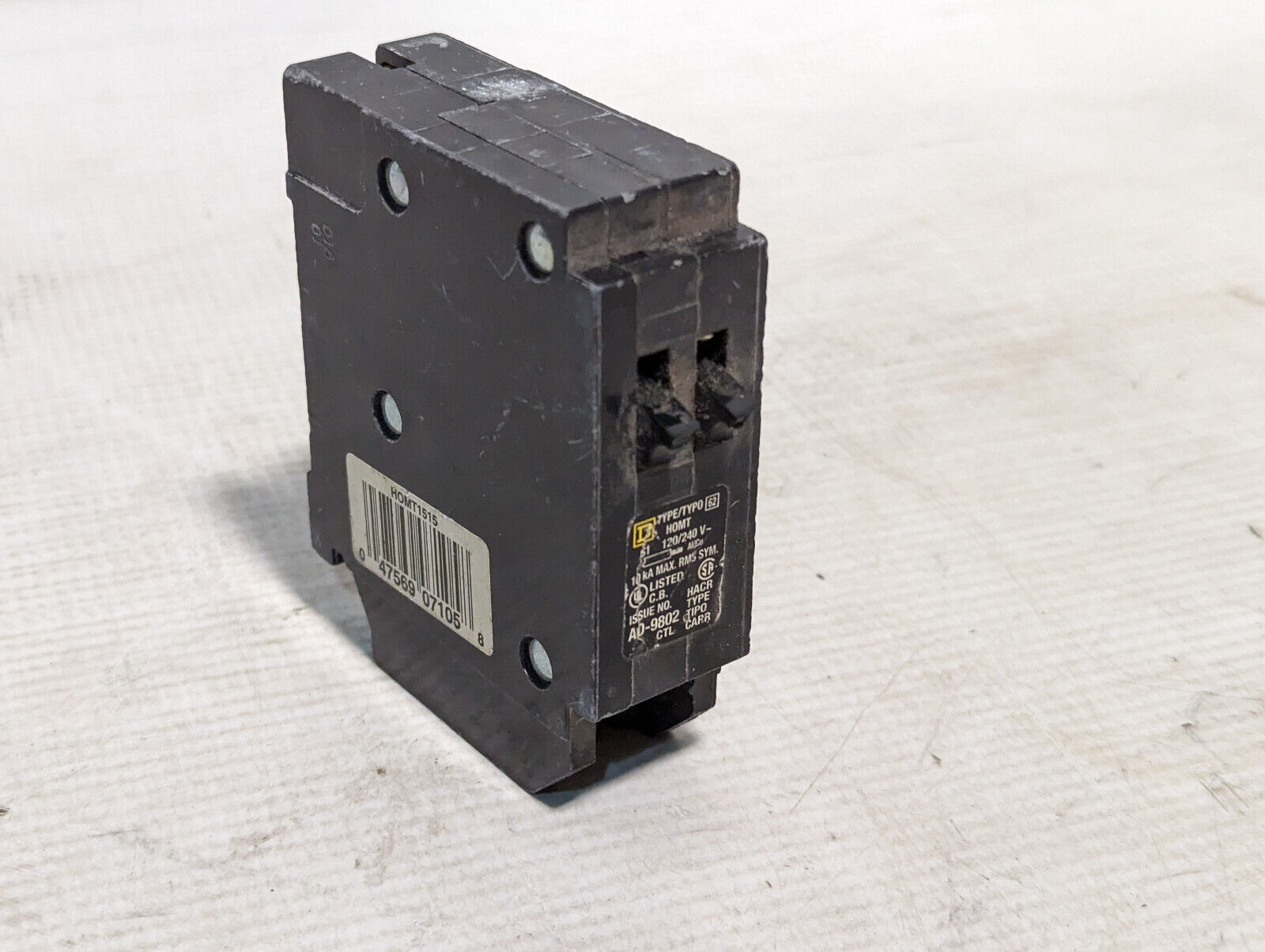 Square D HOMT 1515 circuit breaker, 15A, 120/240VAC, 1 pole, BROKEN SWITCH