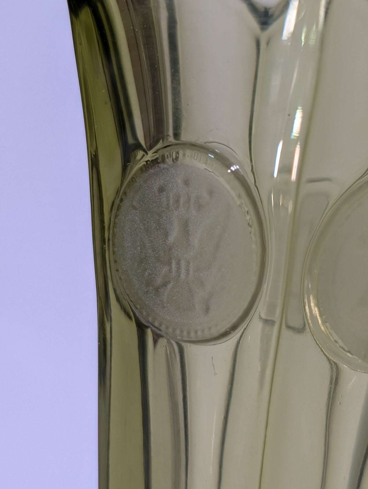 Vintage Fostoria 6-Sided Olive Green Glass American Liberty Coin Bud Vase 8"