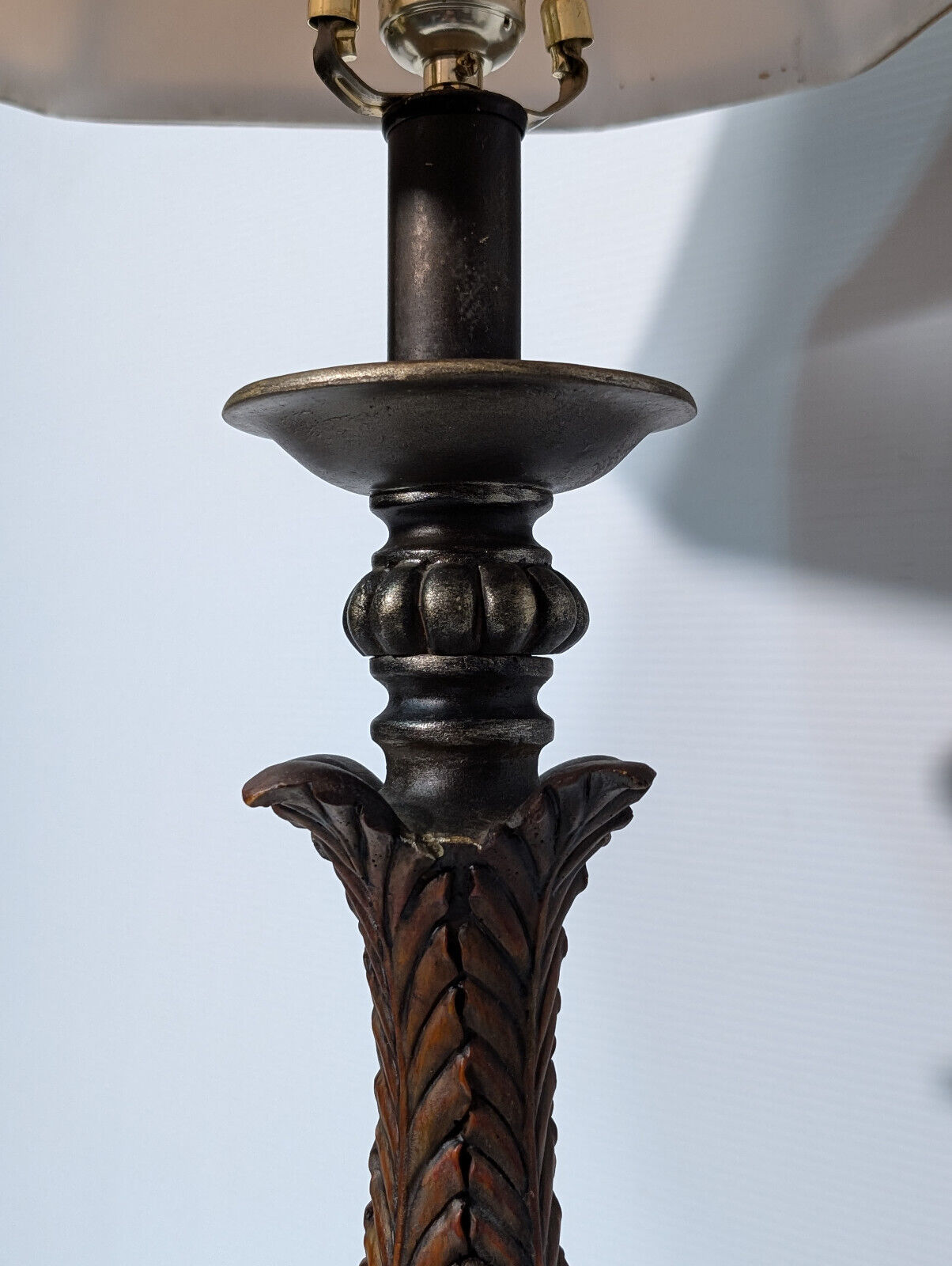 Vintage 1970s Wood, Leaf, Gold, 36" Table Lamp, Teak, Earthy, Eclectic, Nouveau
