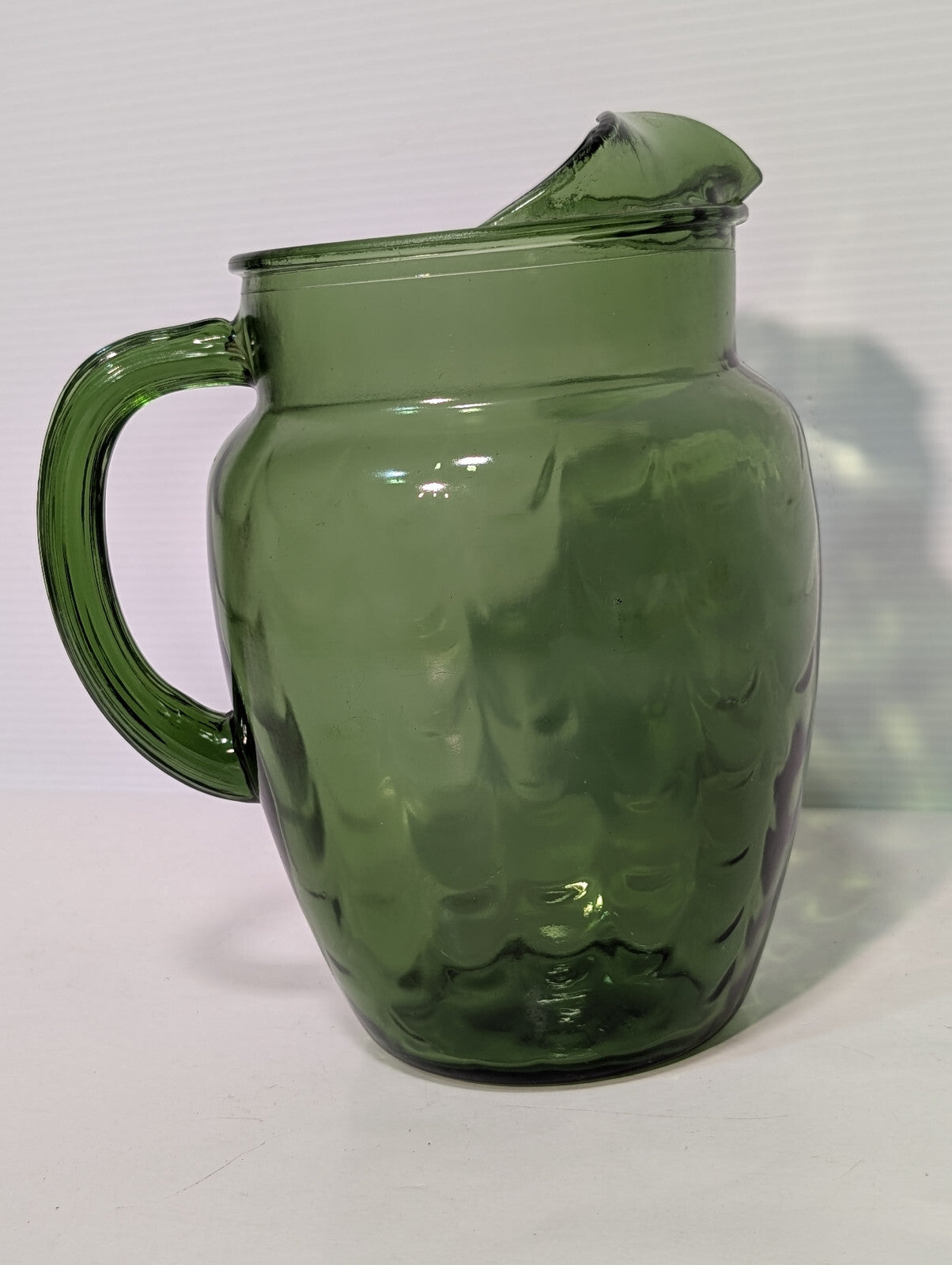 Vintage 1970s Olive Avocado Green Scale Textured Glass Water Pitcher 8" Tall