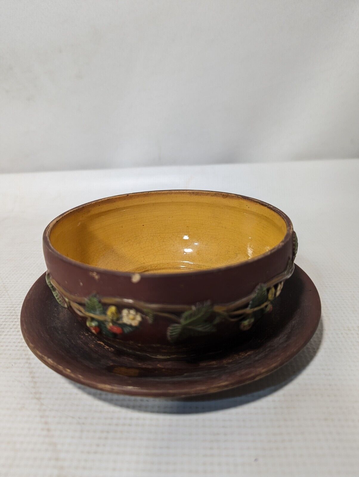 Vintage Floral Ceramic Pot and Saucer - Fruit Tree Cover and Wrapping Vine 5.5"