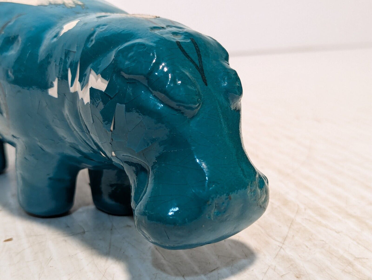 Vintage Blue Hippo, Dark Blue Green, Paper Weight, flecking paint -Free Shipping