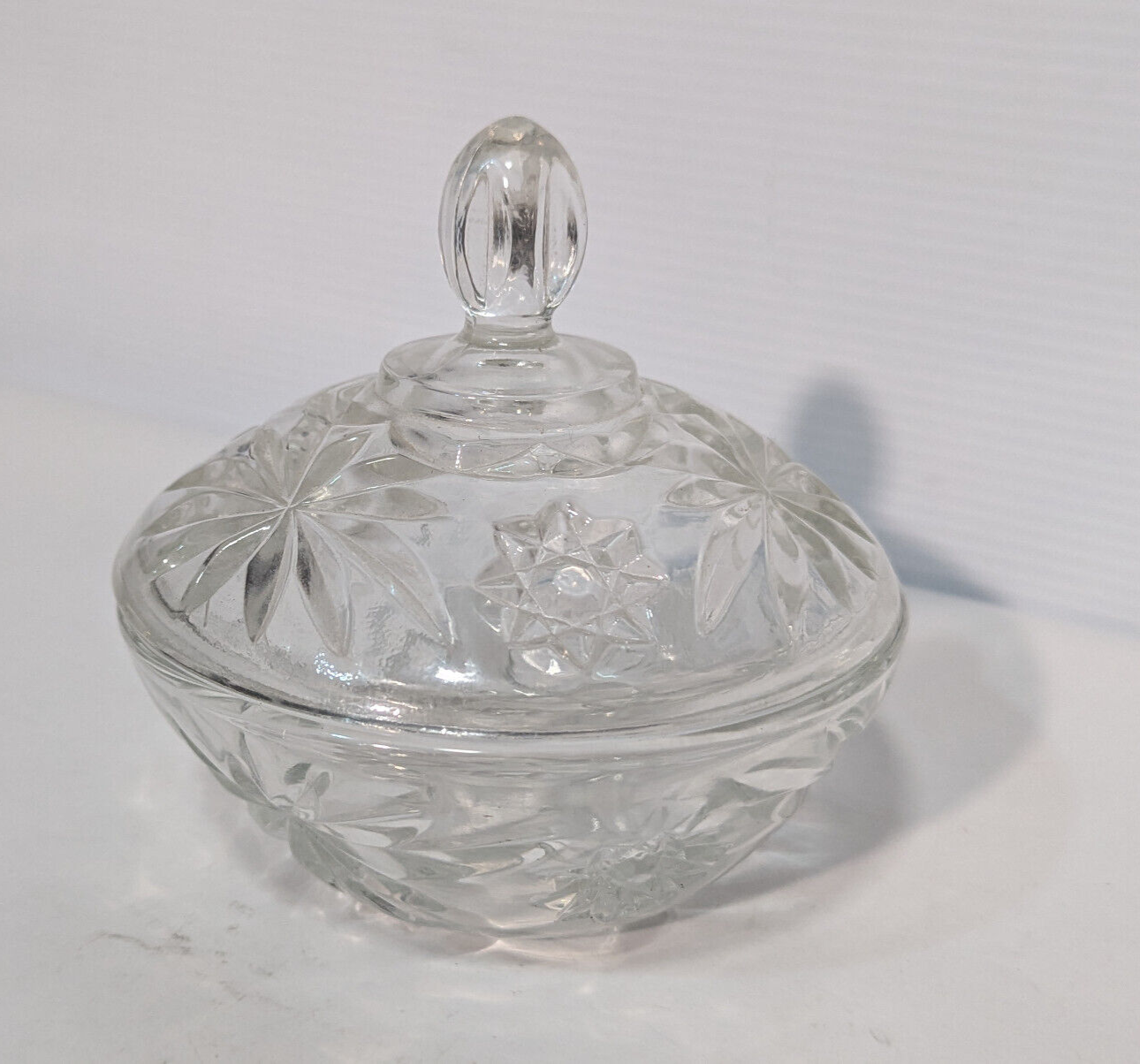 Vintage Antique Crystal Clear Glass Candy Dish, Snack Jar, Lid, Starburst Design