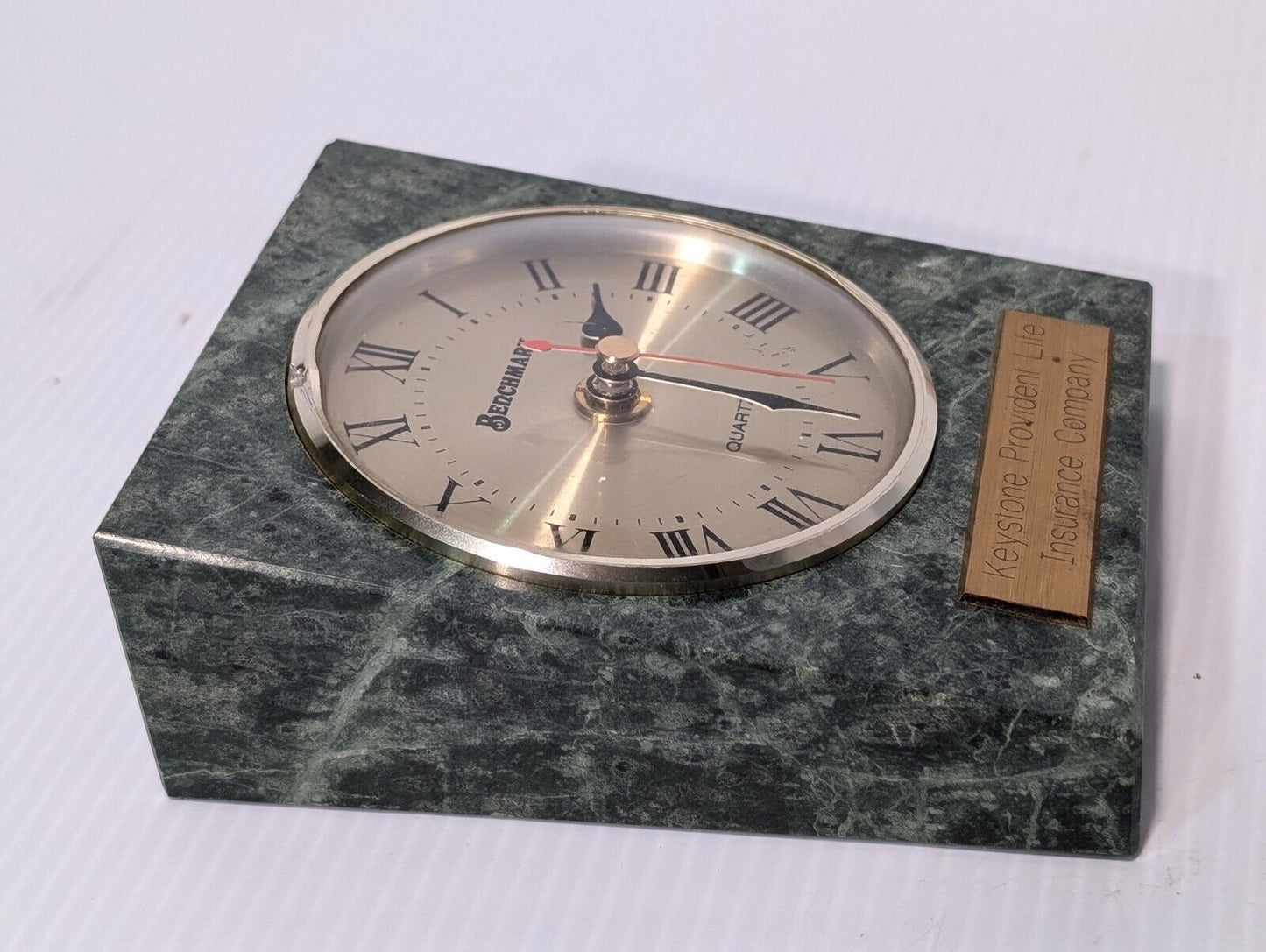 Vintage Benchmark Desk Clock in Green Granite, Keystone Provident- Free Shipping