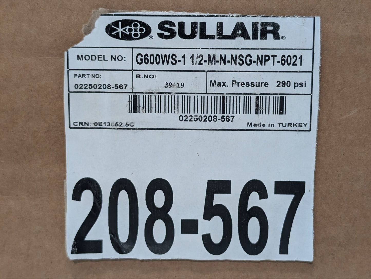 Sullair 02250208-567 Water Separator, 290PSI G600WS-1 1/2-M-N-NSG-NPT-6021