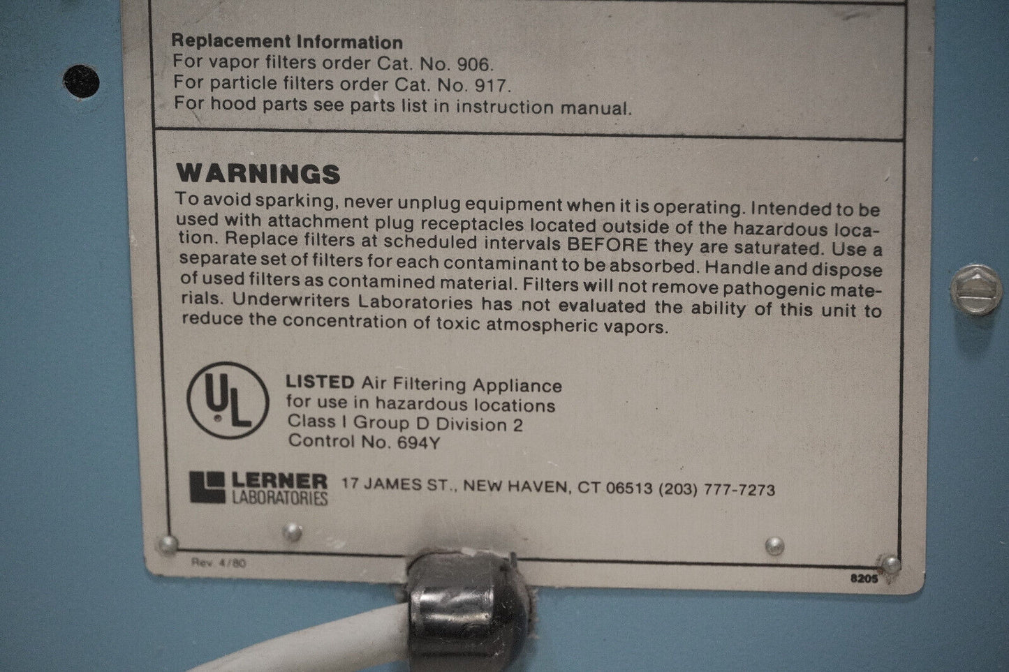 Lerner Laboratories Fume-Gard 9120 Air FIltering Appliance