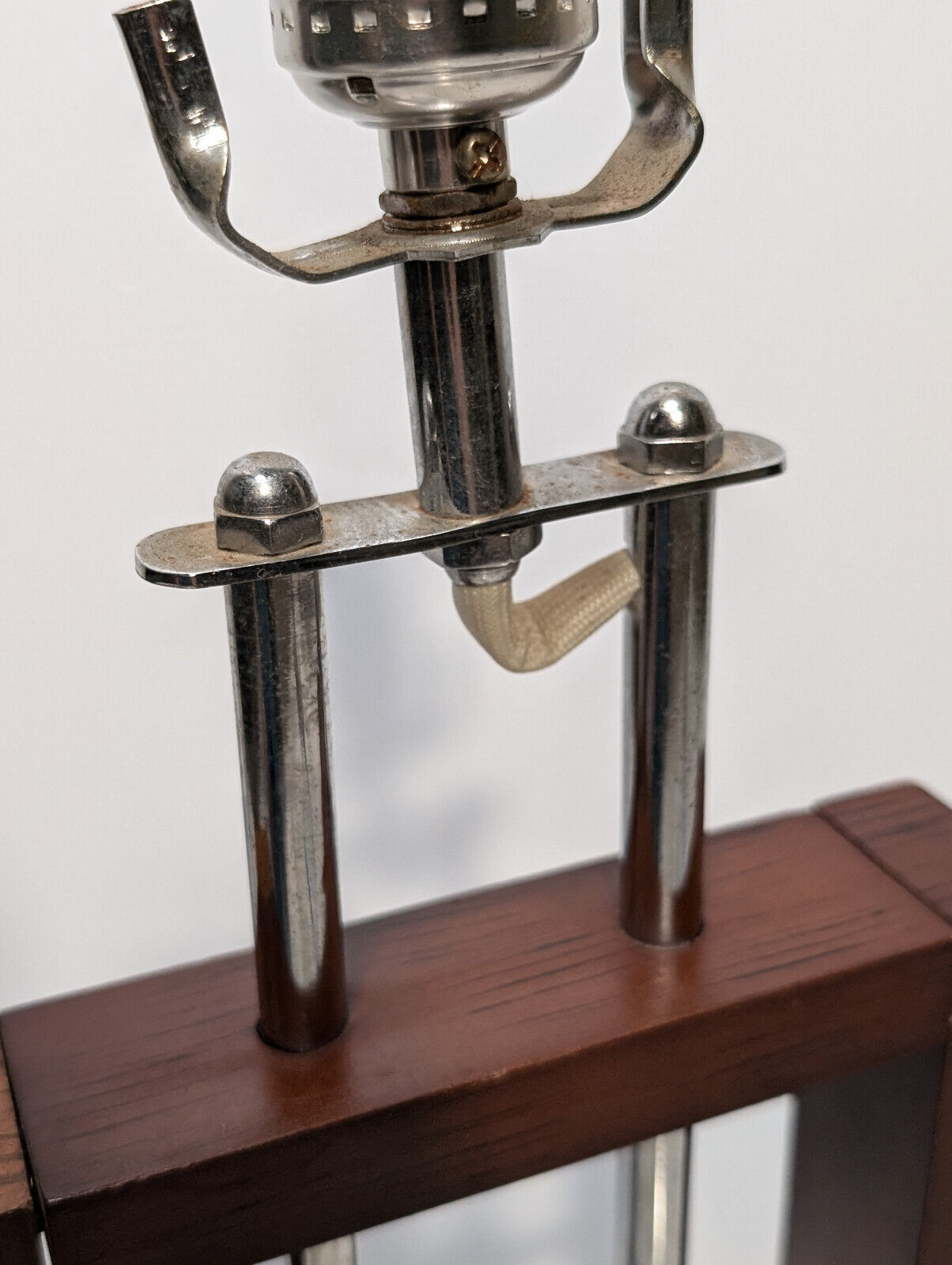 1970's/ 80's Vintage, Brutalism, MCM, Rectangular Table Lamp Wood Chrome Spheres