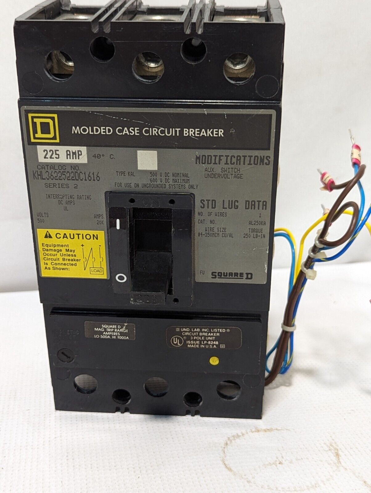 Square D KHL3622522DC1616, Molded Case Circuit Breaker, 225A, 600V, 3 Pole