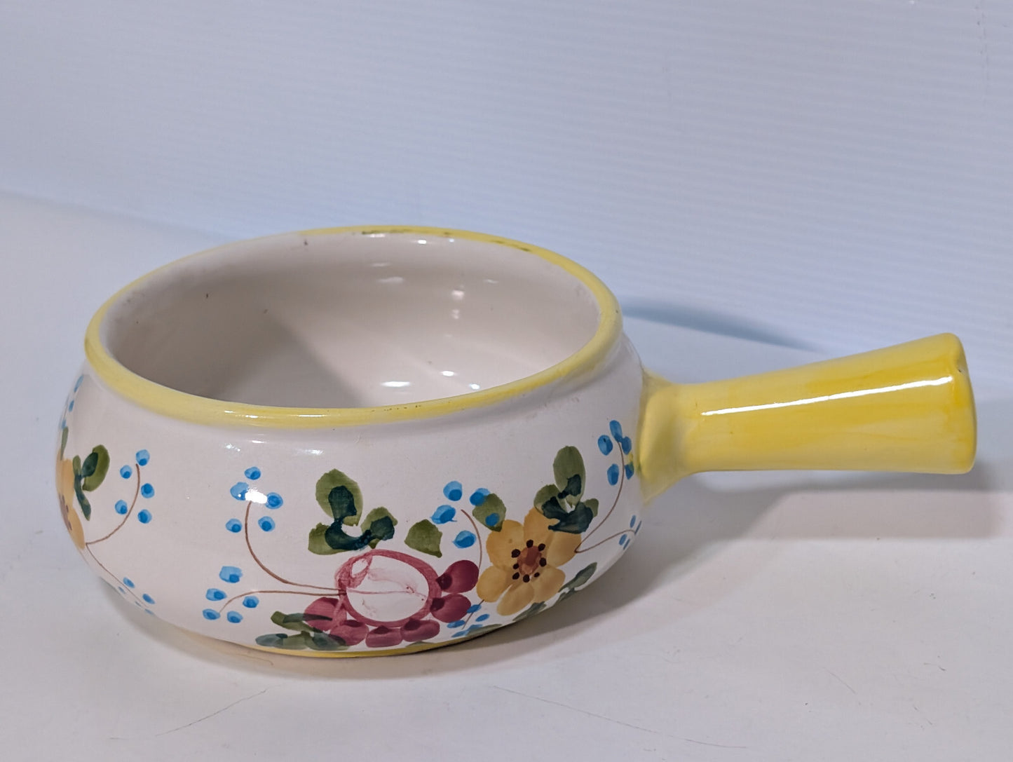 Vintage Hand Painted Soup Crock Pot Ceramic Dish Flowers Yellow Blue Green Berry