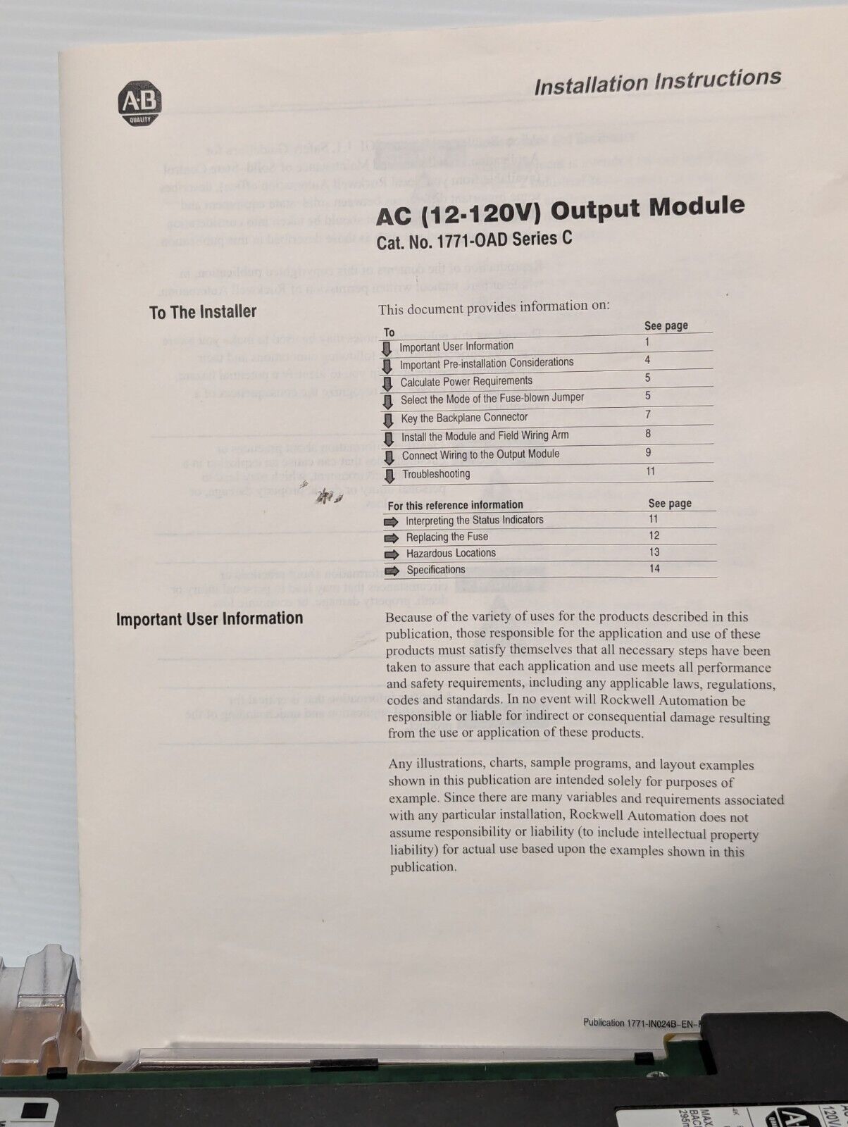 Surplus Open Allen Bradley 1771-OAD /C PLC-5 16-Pt 120VAC Digital Output Module