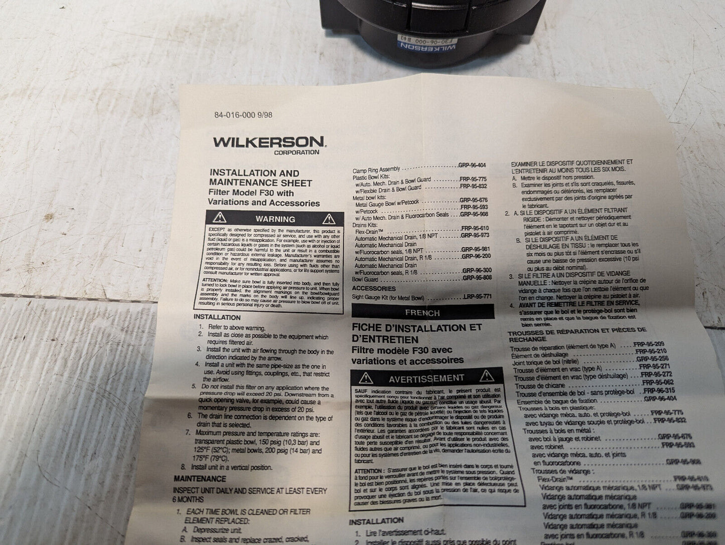Wilkerson F30-06-000 Pneumatic Filter, open box with manual -Free Shipping