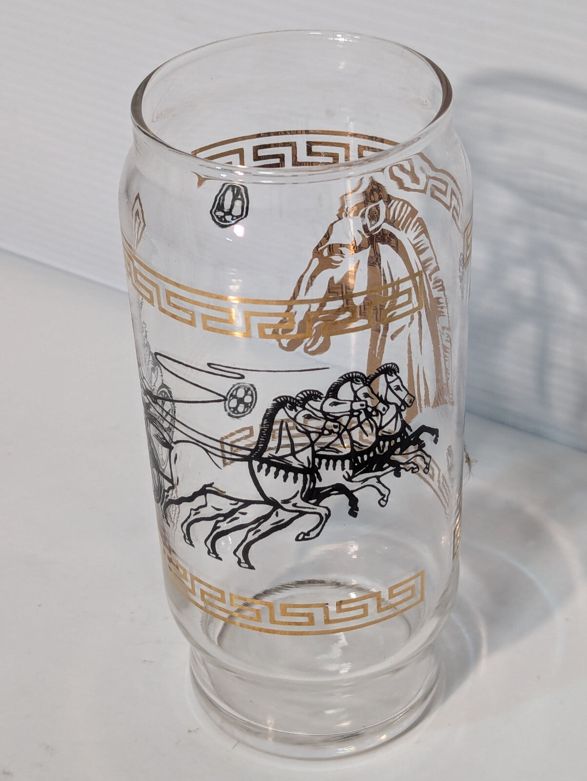 Vintage MCM Roman Greek Horse Chariot Gold Metallic Drinking Glass, Tumbler