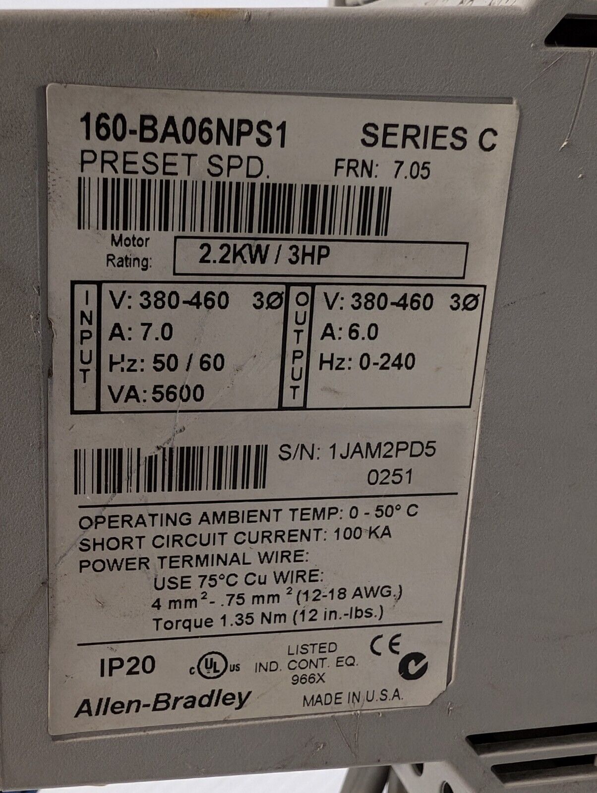 Allen Bradley 160-BA06NPS1 Variable Speed Drive, 6 AMP, 380-460 VAC as shown