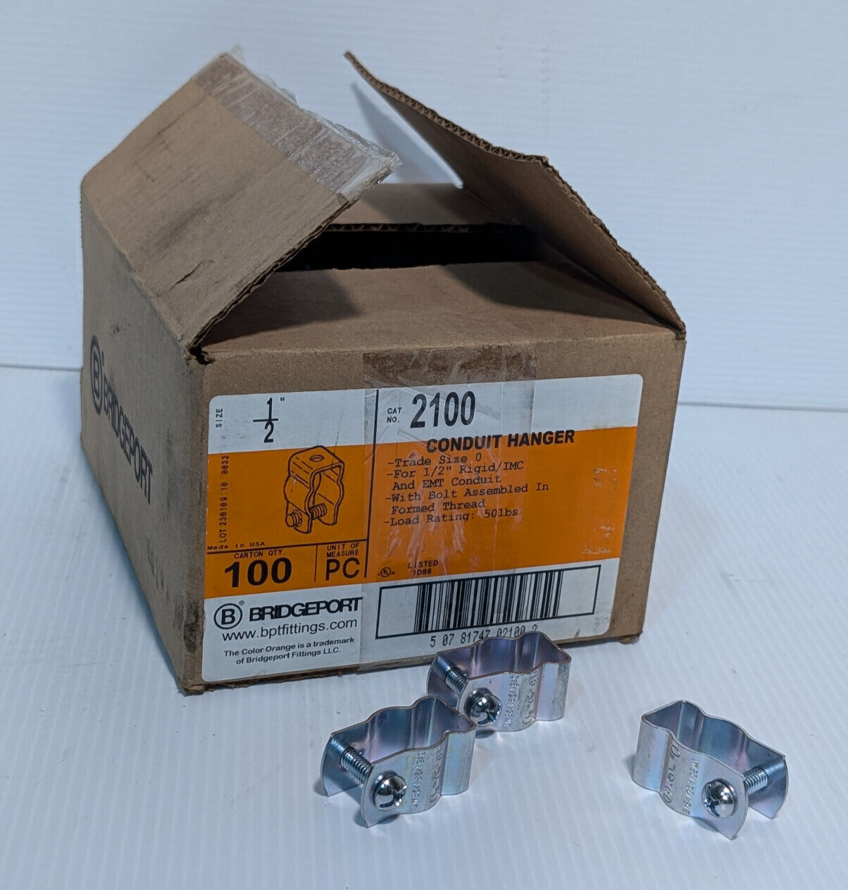 100 Ct. box Bridgeport Fittings 2100 3/8"-1/2" Rigid Conduit Hangers, Free Ship.